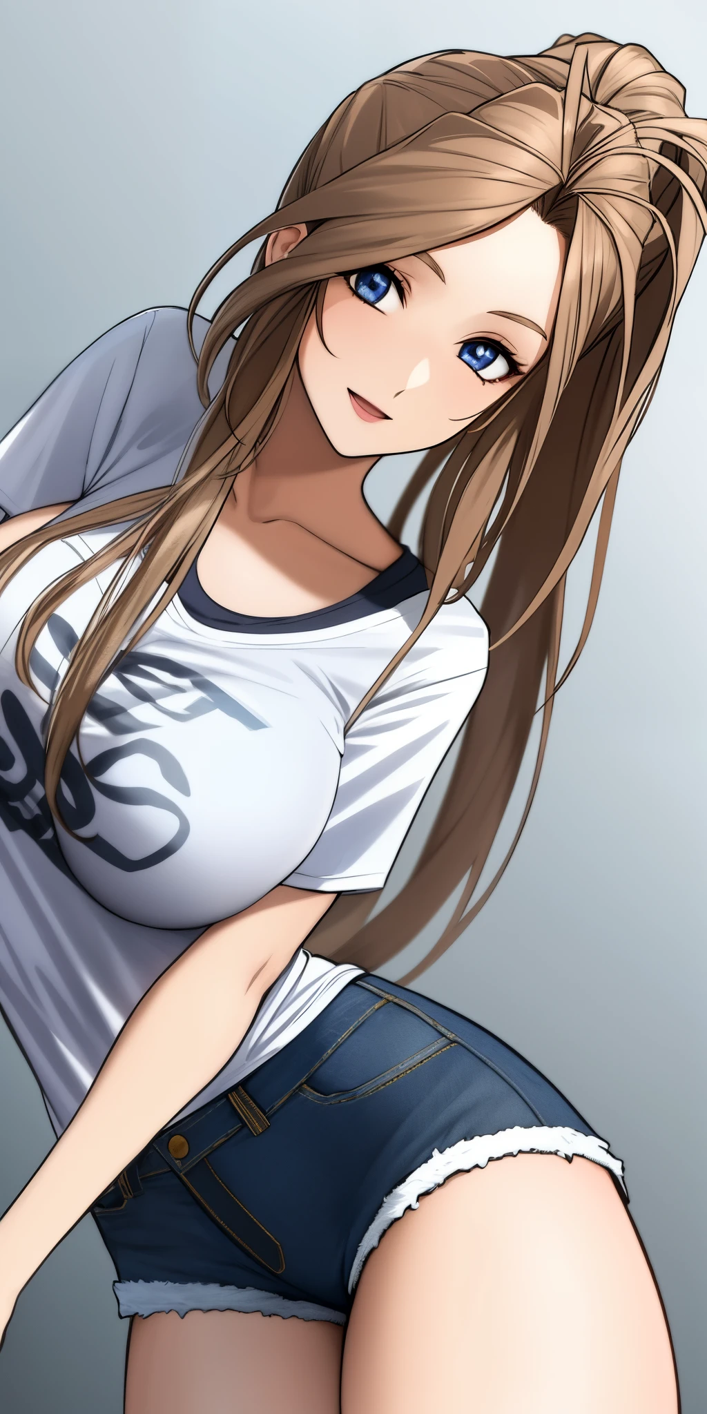 belldandy, large breasts, standing, solo, denim shorts, t-shirt,, masterpiece, best quality, detailed face, detailed eyes, highres,