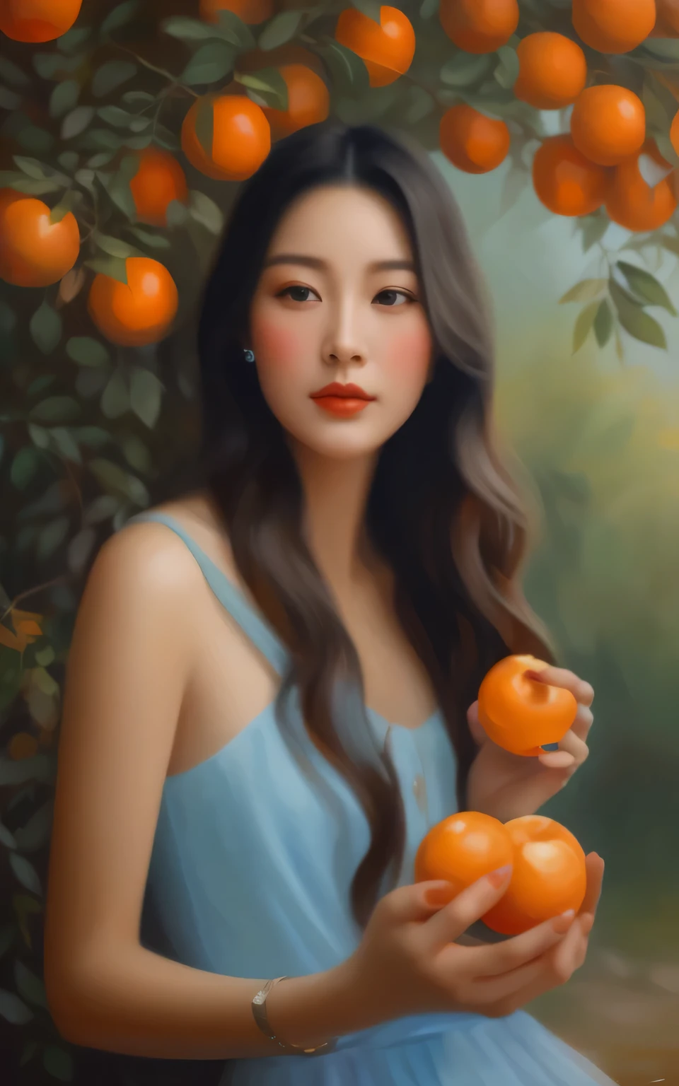 painting of a woman holding two oranges in front of a tree, digital oil painting, digital art oil painting, por Li Song, sosteniendo una mandarina, pintura digital elegante, inspirado en Yanjun Cheng, por Yang J.., oil painting style, digital oil painting with airbrush, hermosa pintura digital, yanjun chengt, pintura de hermosa, realista. cheng yi
