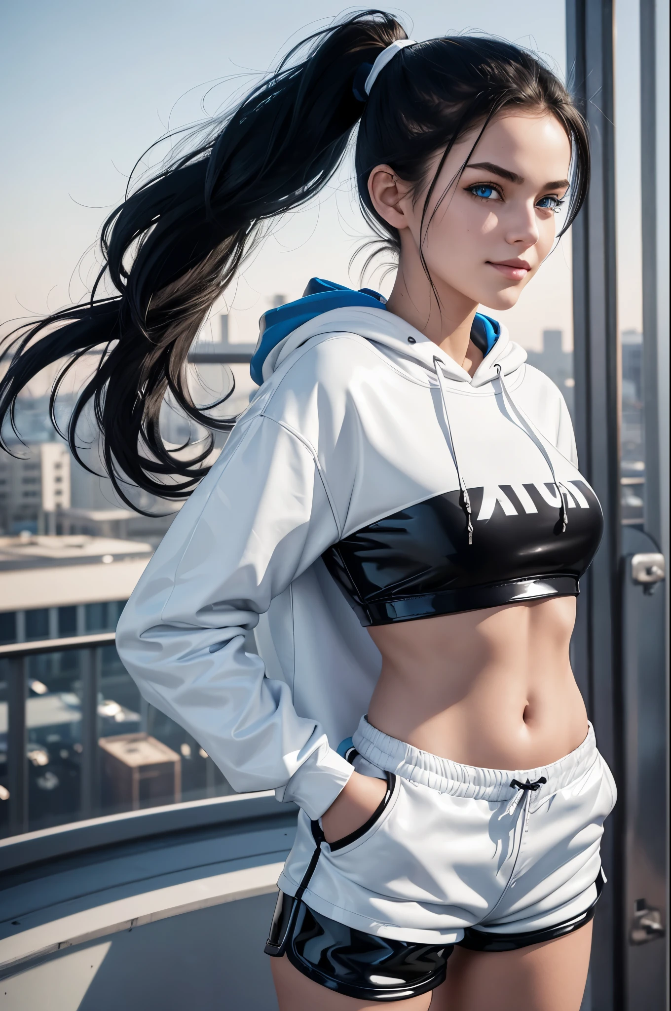 18 year old girl, black hair, blue eyes, (white latex short shorts), ponytail, realistic, (photorealistic: 1.4), smirk, crop top hoodie, on a Ferris wheel