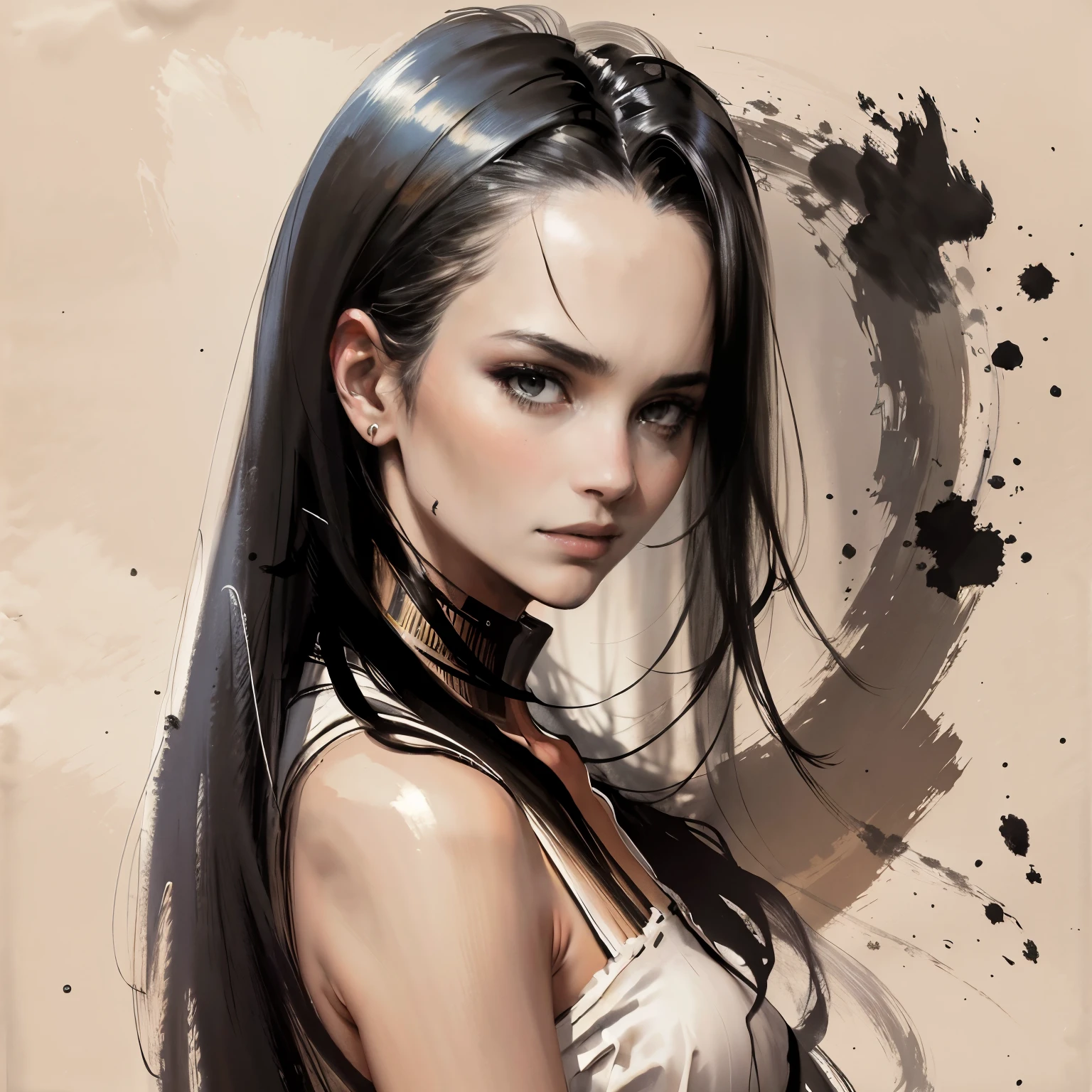 Um retrato preto e branco de uma bela jovem mulher, com longos cabelos ventosos, no estilo de Mark Demsteader
