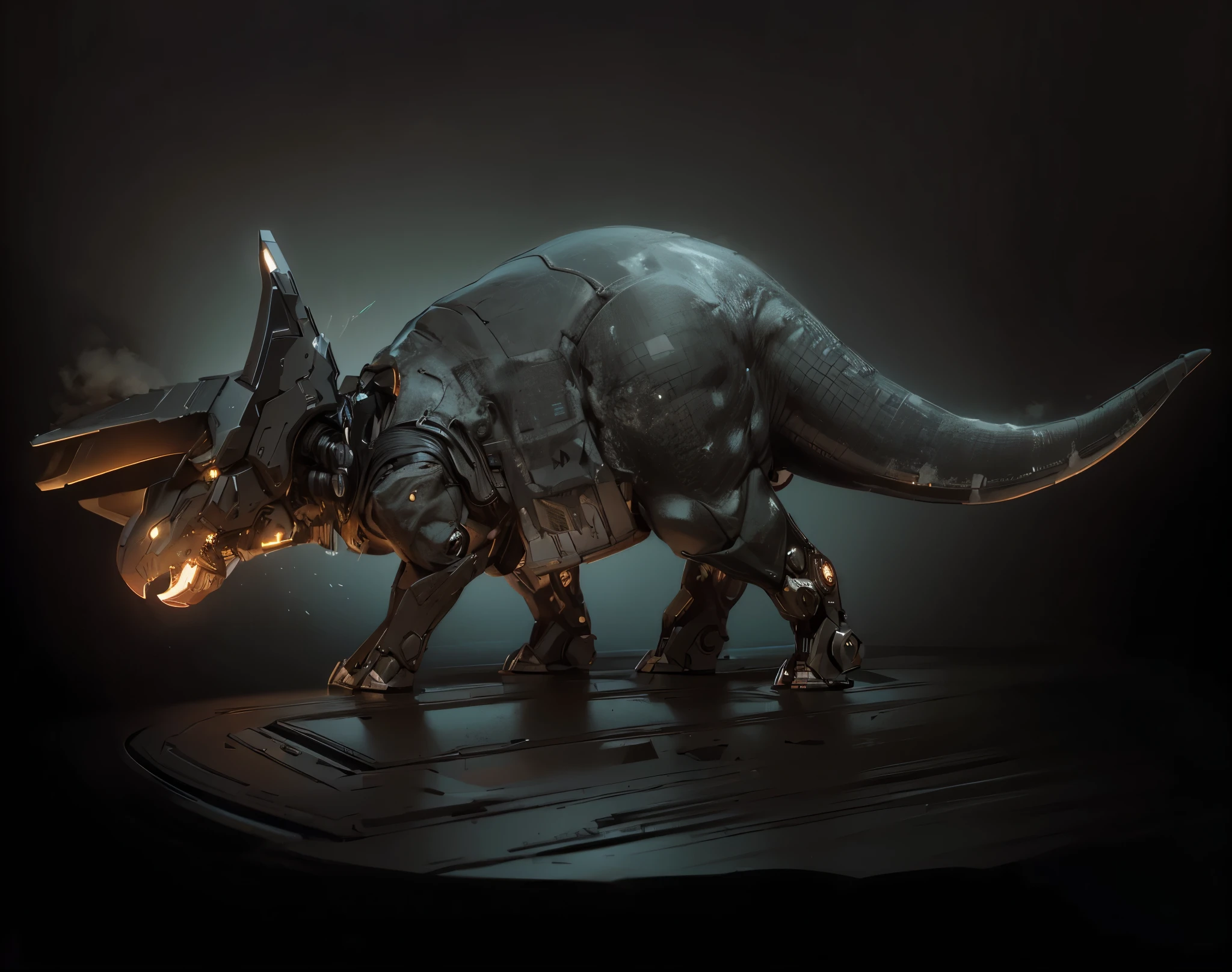 (futuristic:1.5,cyberpunk),(Black canvas background:1.4,blurred background:1.4), Mechanical Triceratops, (Mechanical body:1.2, mechanical limbs:1.2, gear joints, Glowing eyes, realistic scifi cyberpunk armo),Ray Tracing, Reasonable structure,backlight, close up, Mechanical elements,cybernetic, complex,Selective focus, high res