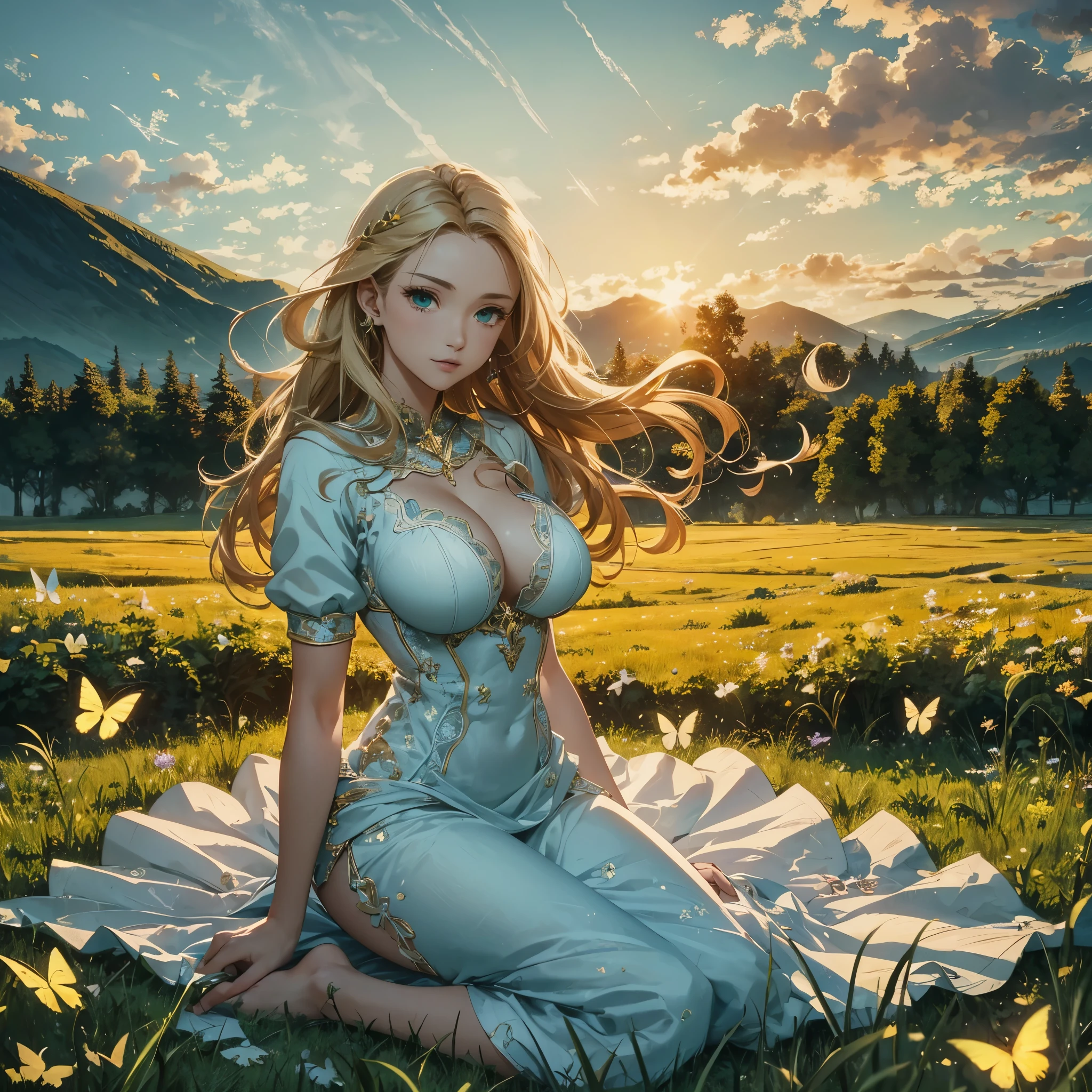 Masterpiece, most beautiful twenty years sweden blond fantasy peasant woman, long wavy hair, perfection, simple cute light white sundress, fit, strong, elegant, confident, soothing, slightly happy, sensual, powerful, kneeling in a grass field, spring, sunset, slight wind, epic shot, scenic lighting, girl-next-door, medieval fantasy setting, perfect round perky big breasts, perfect tits, deep cleavage, lace, green emerald beautiful eyes, surrounded by magical gold and purple butterflies and energy magical sparkles