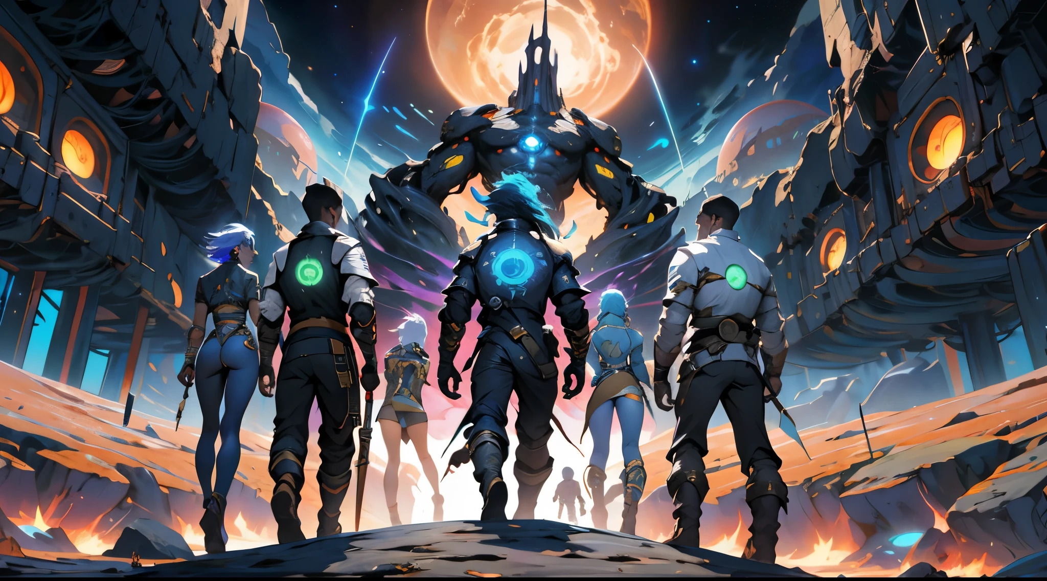 A wallpaper written "Numenera: The Knife's Edge:" with just 5 characters, 3 men and 2 women, dressed in futuristic clothes different from each other, wielding different weapons, seen from a distance and with their backs on an unknown planet looking at a dark, starry sky, with many fluorescent colors and a large space station being swallowed by a black hole, 4k, numenera, rpg