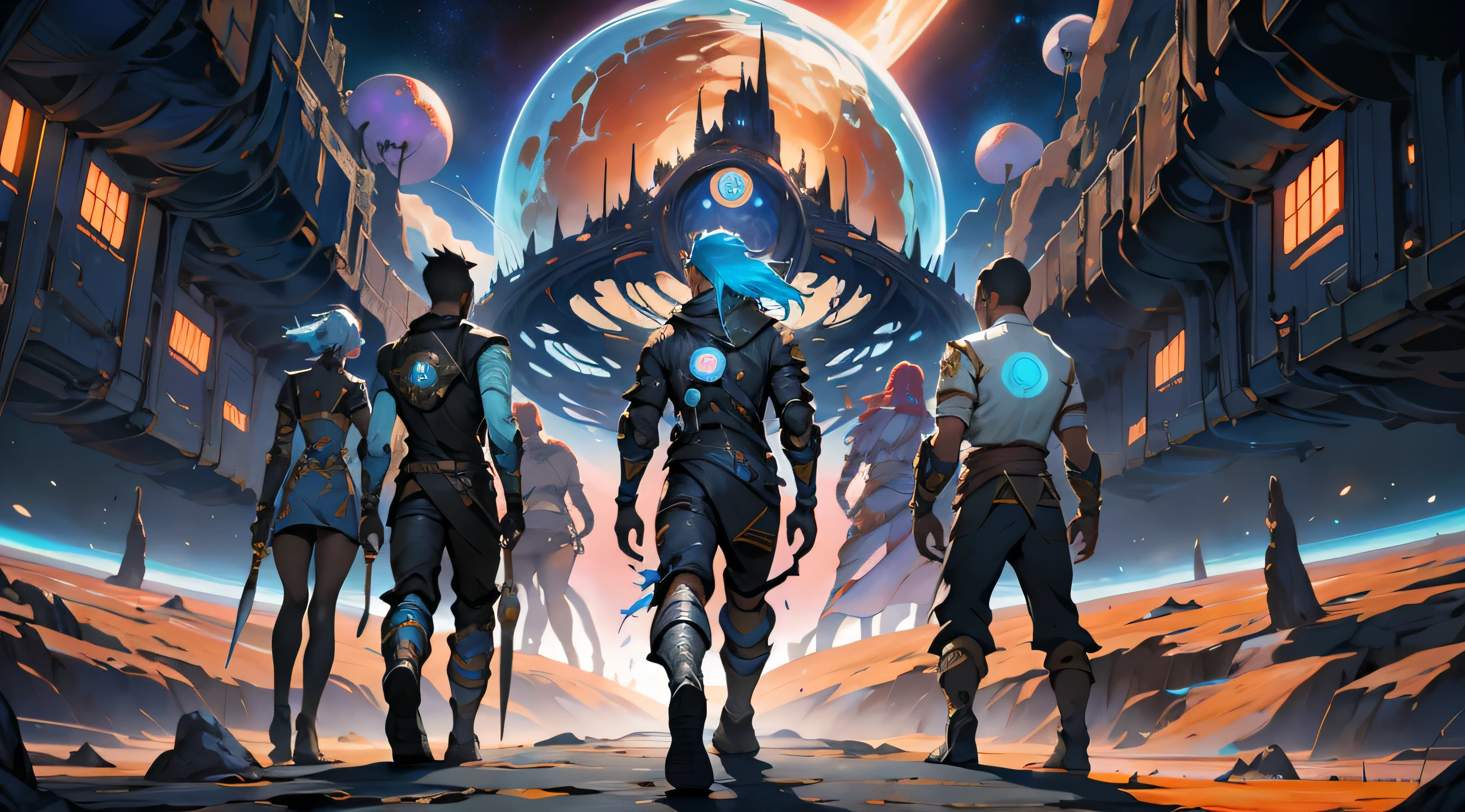 A wallpaper written "Numenera: The Knife's Edge:" with just 5 characters, 3 men and 2 women, dressed in futuristic clothes different from each other, wielding different weapons, seen from a distance and with their backs on an unknown planet looking at a dark, starry sky, with many fluorescent colors and a large space station being swallowed by a black hole, 4k, numenera, rpg