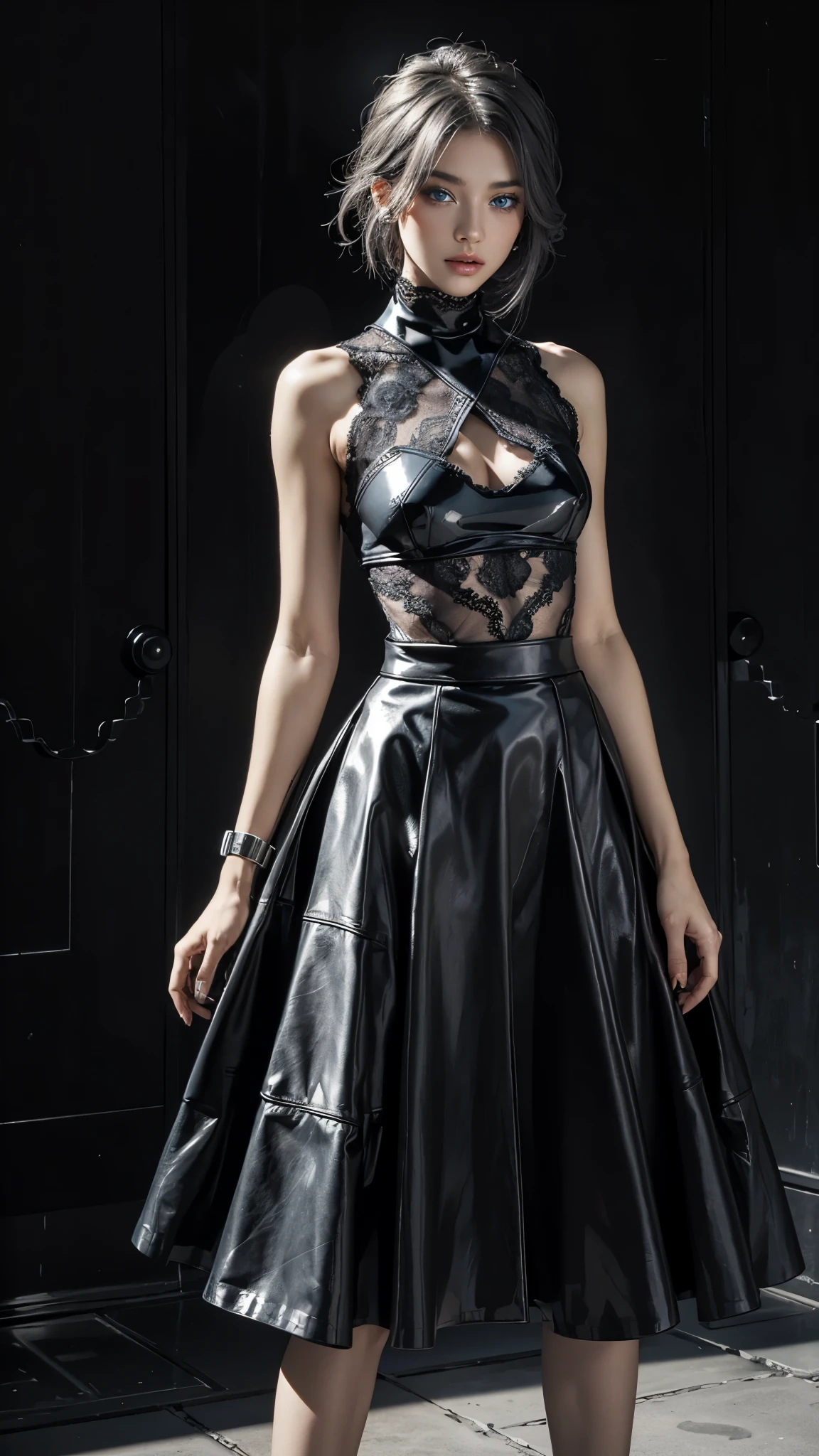 fashion brand collection, highly detailed, beautiful, masterpiece, best quality, Geometric style, abstract beauty,1 girl, (all body shot, standing and posing:1.3), dynamic pose, approaching perfection, digital painting, artstation, (concept art:1.3), illustration, white and black colors, Geometric patterns, abstract forms, Complex, surreal, BREAK latex, Glossy, Liquid, rubber, BREAK (turtleneck:1.2), (black theme:1.2), (black maximum A-line skirt:1.2), (patchwork of lace and leather:1.2), (complex triangular silhouette:1.2), (gray hair, blue eyes:1.4),