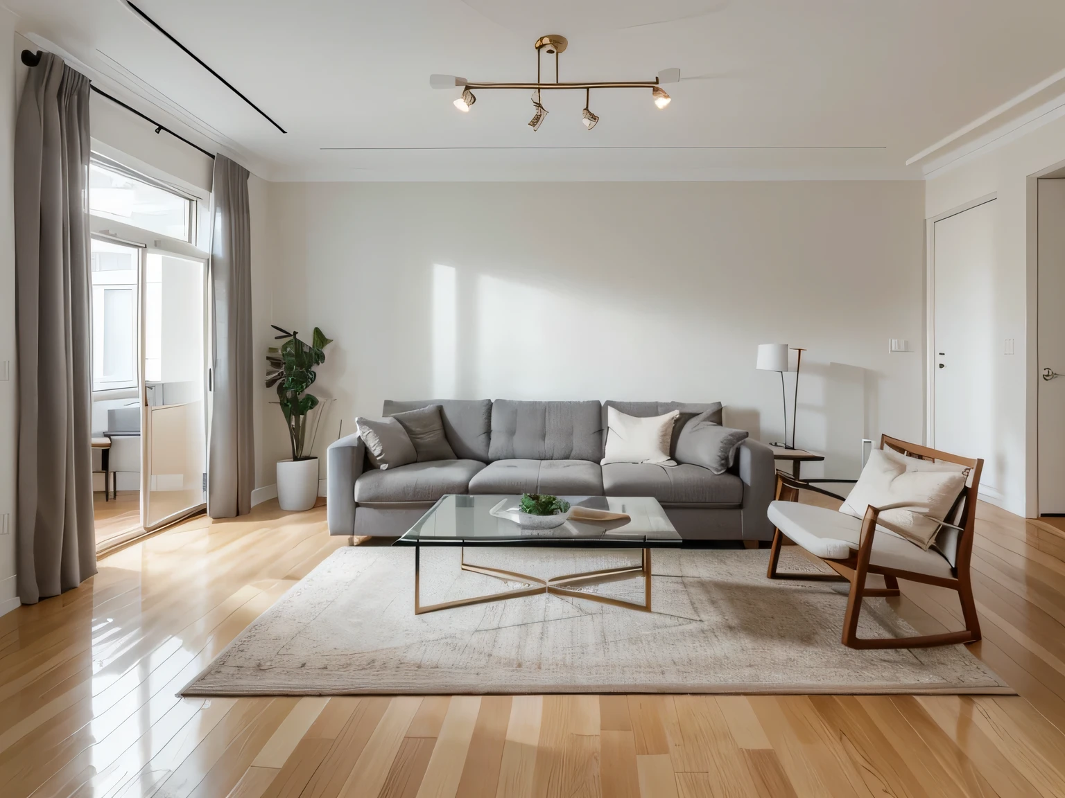 Real Estate photography style, (wide shot), (ultra-detailed), apartment living room, minimalist and modern decoration, few furniture, illuminated, symmetrical, elegant, clean room, volumetric lighting, professional photography, real estate listing, HDR, real estate photography, mirrorless camera, hyperrealistic, realistic photography., interior architecture, modern, best quality, 4K, award-winning, super detail, accurate.