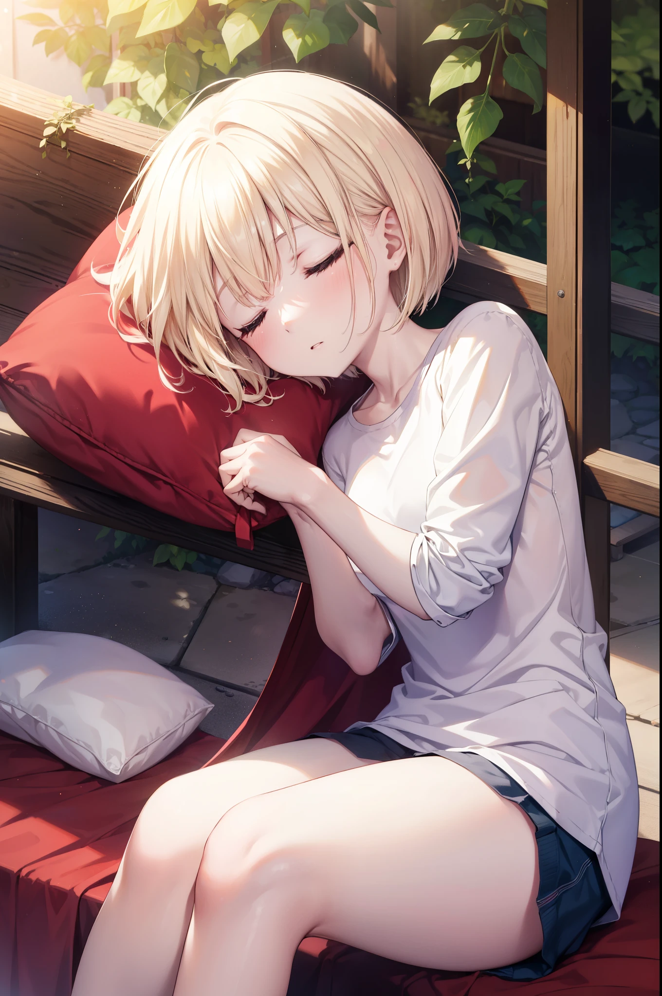 chisatonishikigi, nishikigi chisato, short hair, bangs, blonde hair,  bob cut,y shirt,red string underwear,barefoot,Sleeping in a hammock,sleep with your head on the pillow,sleep in a hammock,dark room,nap,daytime,
break outdoors, forest,
break (masterpiece:1.2), highest quality, High resolution, unity 8k wallpaper, (figure:0.8), highly detailed face, perfect lighting, Very detailed CG, (perfect hands, perfect ???????),