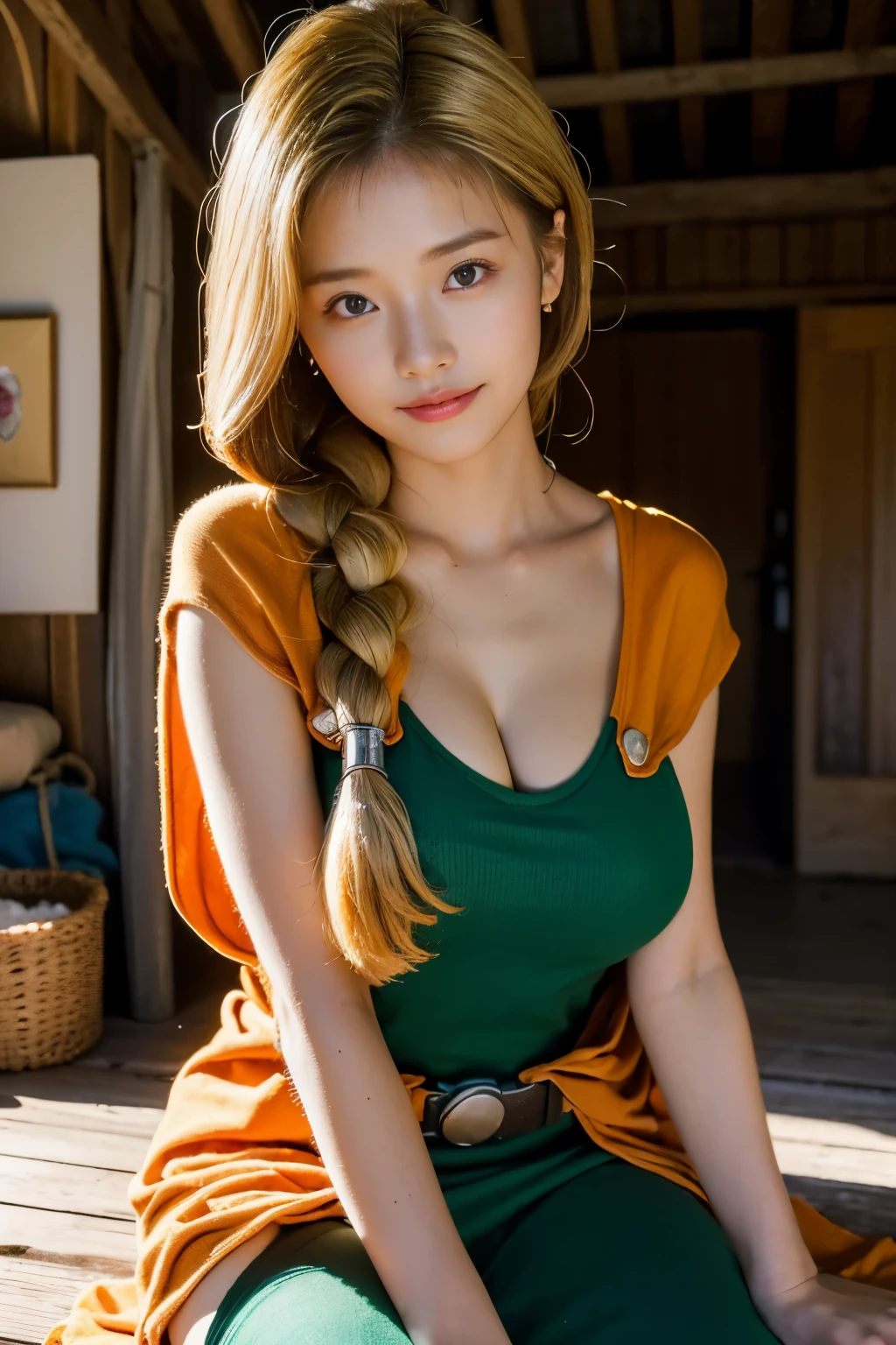 masterpiece、1 beautiful girl、fine eyes、puffy eyes、highest quality, 超High resolution, (reality: 1.4), movie lighting、Japanese、asian beauty、Korean、super beautiful、beautiful skin、body facing forward、Upper body,close up of face、(超reality的な)、(High resolution)、(8k)、(very detailed)、(美しくfine eyes)、(Super detailed)、 (wall-)、detailed face、bright lighting、professional lighting、nice smile,looking at the viewer、look straight ahead、slanted bangs、Nogizaka Idol、korean idol、fiery idol pose、(masterpiece, highest quality, High resolution, 32K), bianca_DQ5, woman, (blonde hair:1.1, long blonde hair, braid hair:1.1, green dress, orange cloak, black long boots:1.1, huge breasts:1.55, perfect slim body:1.2), (in an abandoned hut, shabby hut, messy shed, Deep woods,, dark atmosphere:1.2), 壮大なreality的, ((neutral color)), (calm colors:1.2), Super detailed, (art station:1.5), cinematic, warm light, dramatic light, (intricate details:1.1), (natural skin texture, hyper realism, soft light, sharp:1.2), (detailed face, super dense skin),