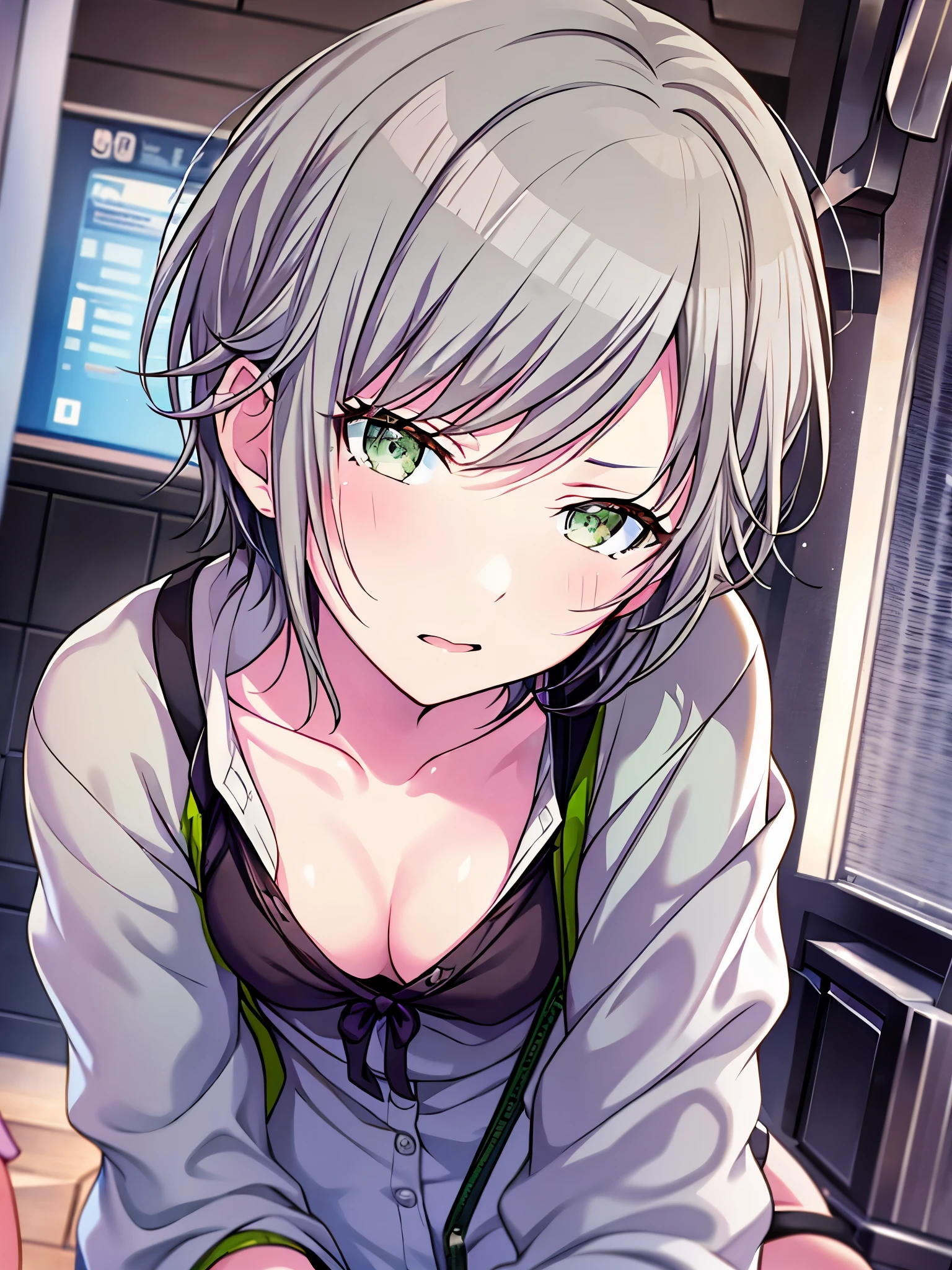 (masterpiece), short hair, grey hair, small breasts, hinomori shiho, tomboy, shiho_h, green eyes,
,embarrassed,NSFW,((Angle of view looking up at the girl from below)),embarrassed face, blush,pajama,((cleavage)),angry mouth