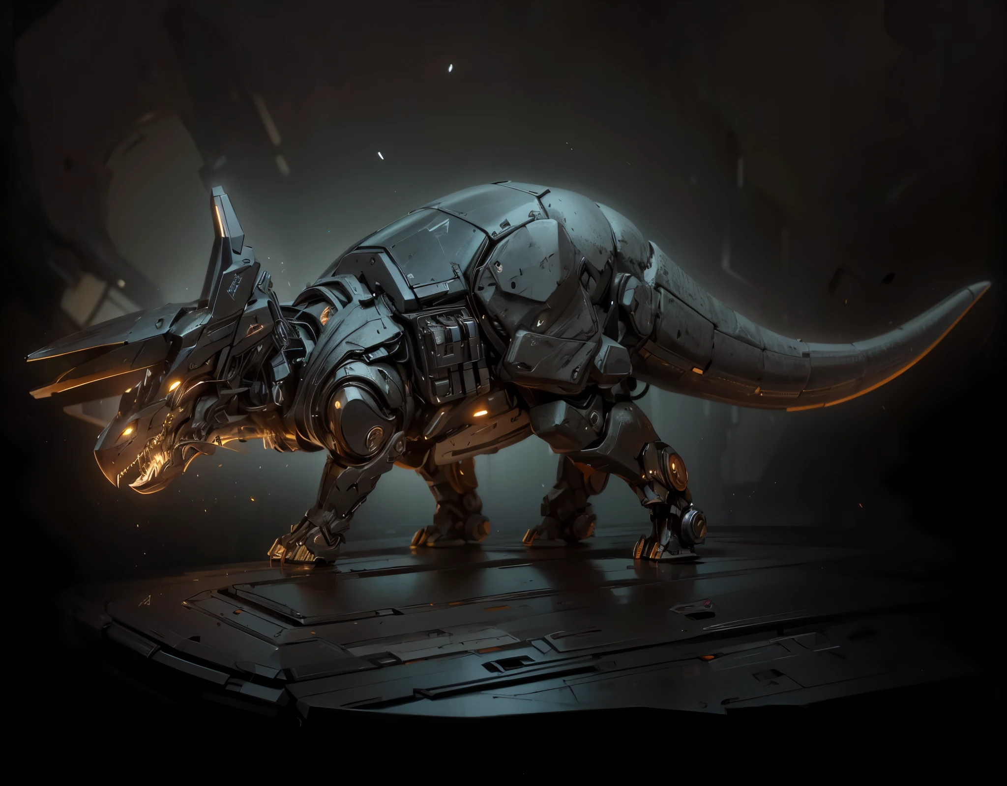 (futuristic:1.5,cyberpunk),(Black canvas background:1.4,blurred background:1.4), Mechanical Triceratops, (Mechanical body:1.2, mechanical limbs:1.2, gear joints, Glowing eyes, realistic scifi cyberpunk armo),Ray Tracing, Reasonable structure,backlight, close up, Mechanical elements,cybernetic, complex,Selective focus, high res