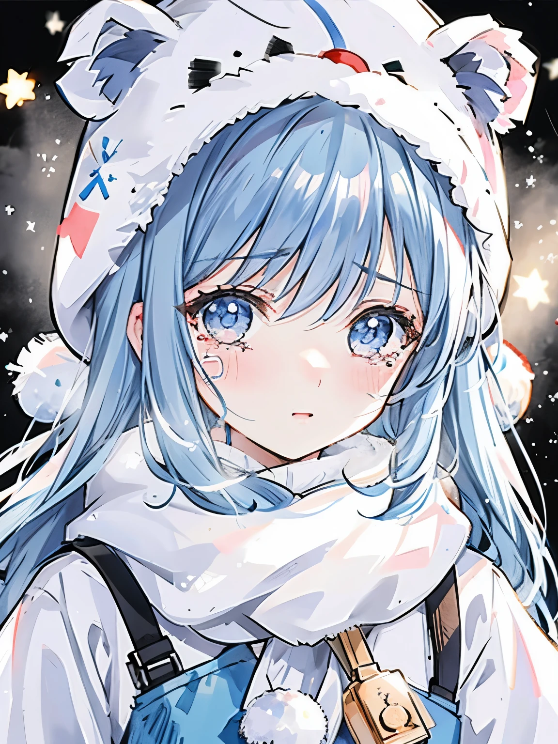 girl,crying face,((🥺:1.3)),close up of face,Winter clothes,knit hat,fluffy long hair,Crystal of snow