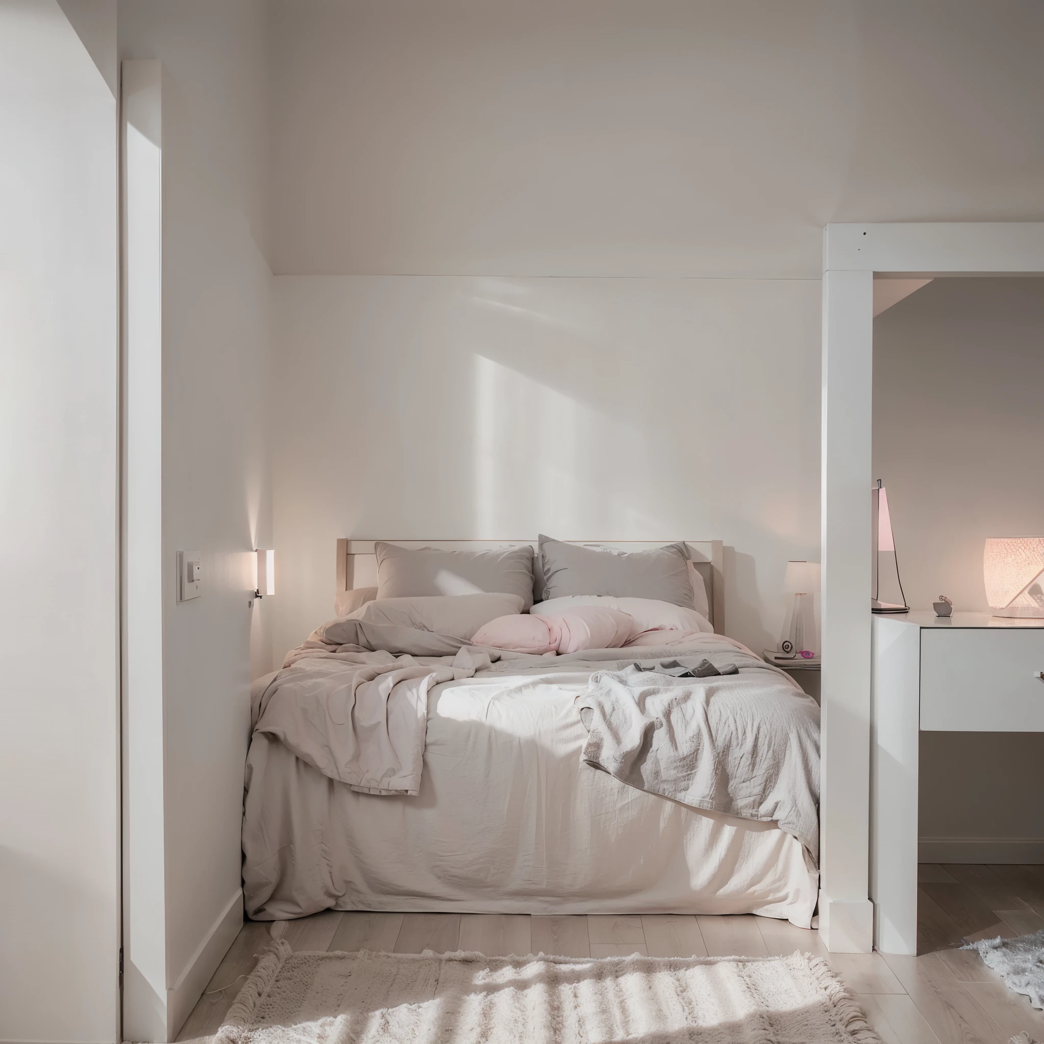 Create a super realistic 4k image of a modern Gen Z style bedroom featuring a soft pink and gray color palette. The room should include sleek, minimalist furniture with clean lines. Add geometric patterns or abstract art in soft pink and gray tones for a contemporary look. Include modern technology like smart lighting or speakers to appeal to Gen Z's tech-savvy preferences