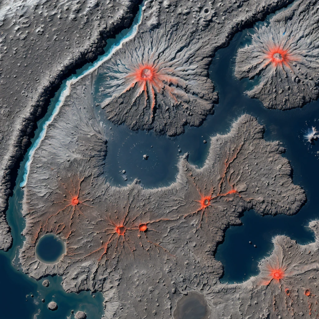 Active volcanoes, craters, plumes, detailed images.