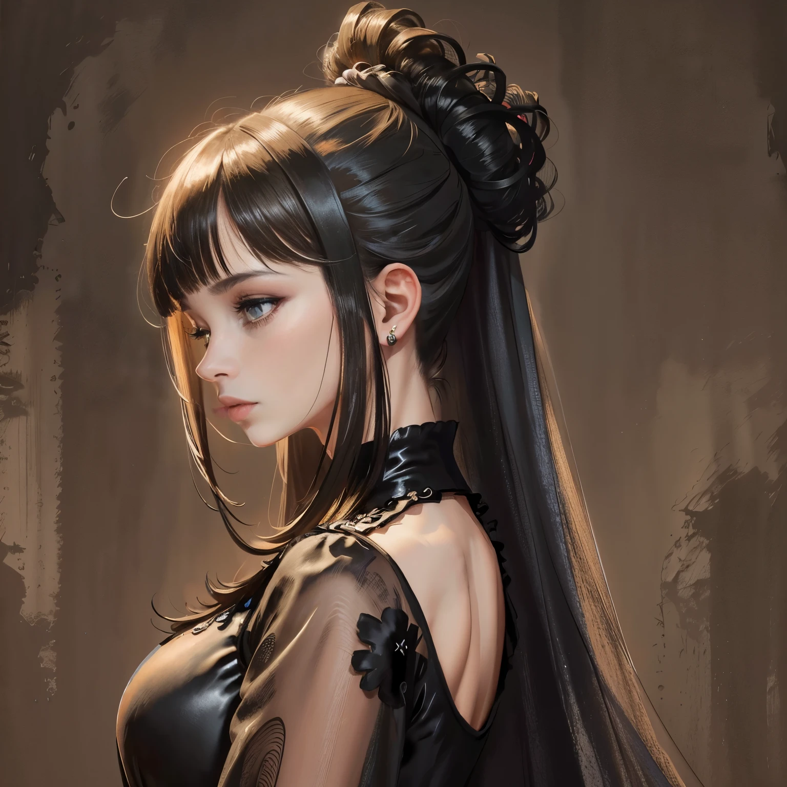 Uma bela mulher de cabelos pretos longos com franja com raiva, gothic clothes, Arte de Fantasia, gothic art, alto detalhe, imagem de corpo inteiro