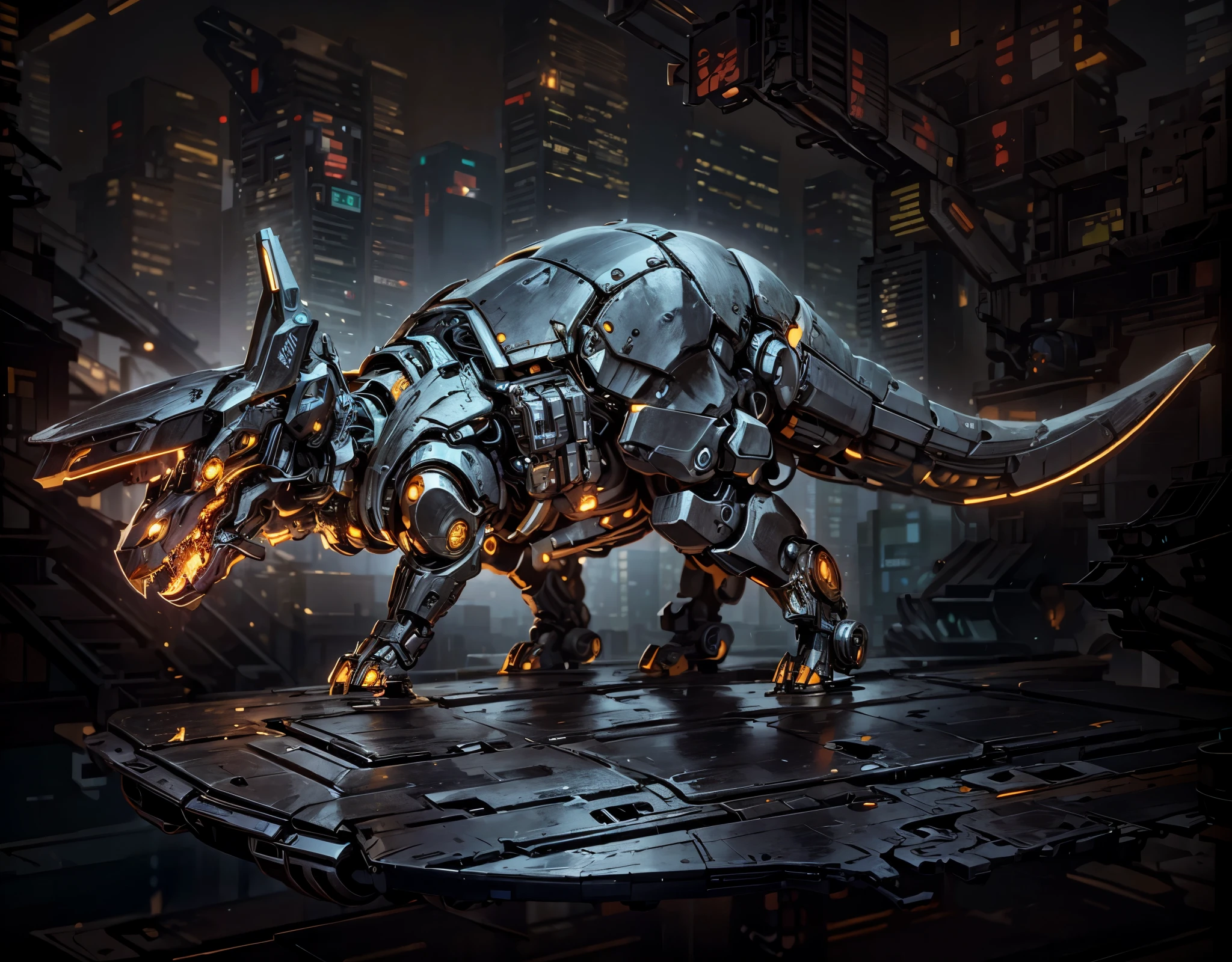 (futuristic:1.5,cyberpunk),(Black canvas background:1.4,blurred background:1.4), Mechanical Triceratops, (Mechanical body:1.2, mechanical limbs:1.2, gear joints, Glowing eyes, realistic scifi cyberpunk armo),Ray Tracing, Reasonable structure,backlight, close up, Mechanical elements,cybernetic, complex,Selective focus, high res