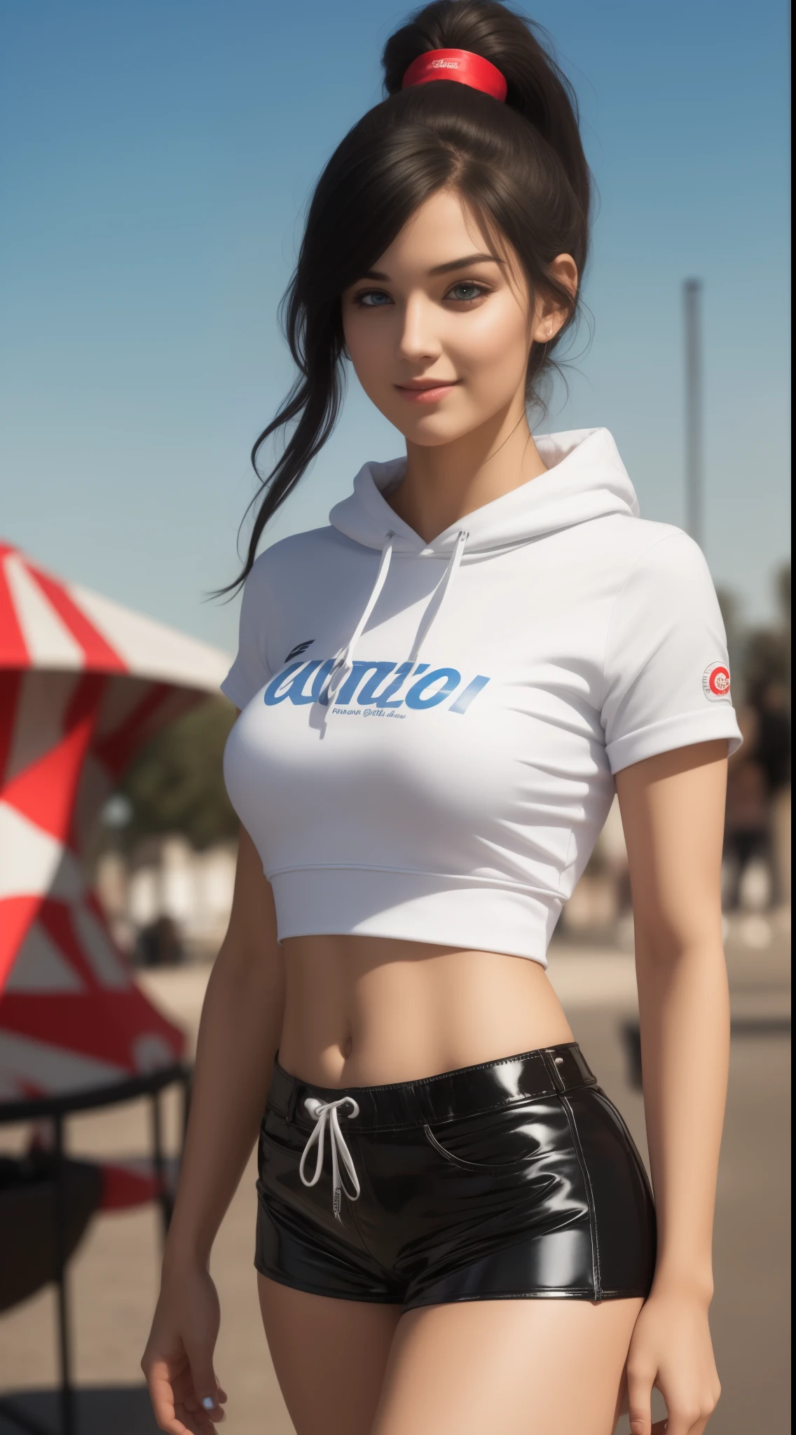 18 year old girl, black hair, blue eyes, (white latex short shorts), ponytail, realistic, (photorealistic: 1.4), smirk, crop top hoodie, walking at a carnival