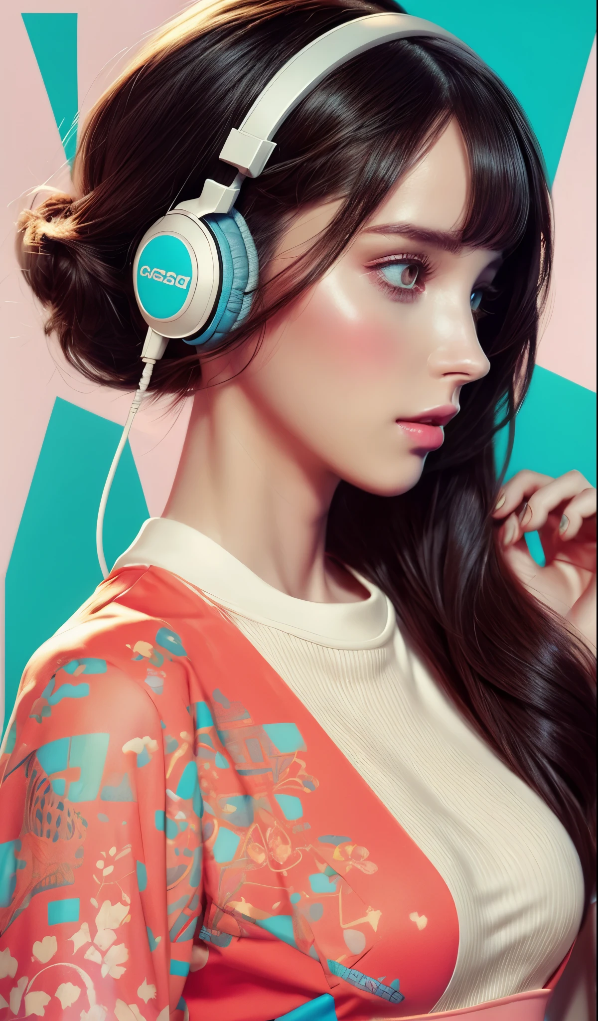 model girl wearing headphones, city background, intricate details, aesthetically pleasing pastel colors, poster background, art by conrad roset and ilya kuvshinov