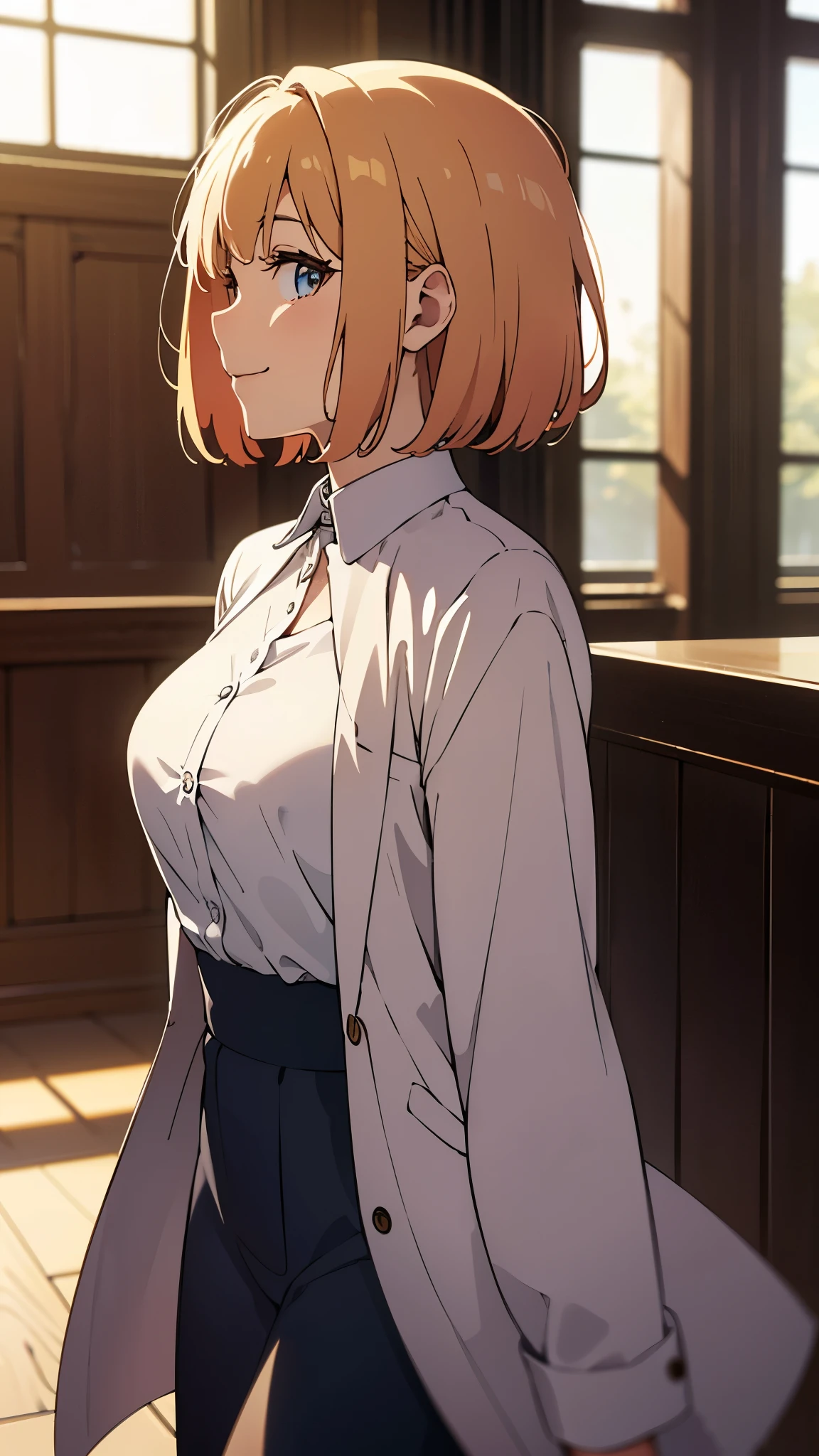 best quality, detailed face, 1girl, middle breast, smile, dressed up, (Charming, Puffy eyes:1.2), good anatomy, looking at viewer, soft focus, Golden hour lighting, depth of field, happy expression, shortcut hair, profile shot