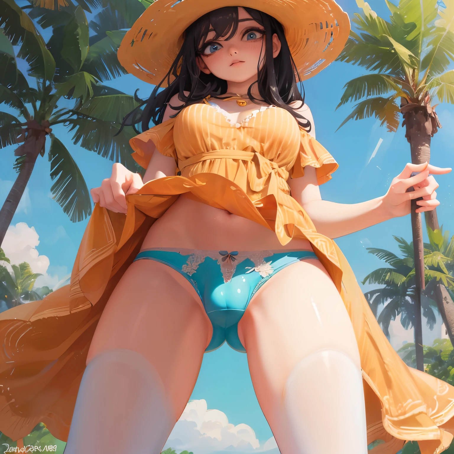 a woman, at the park, sunny day, orange sundress, RAW, UHD, 8K, (closeup:1.1), head, highly detailed face, stunning eyes,((( crotch focus)))