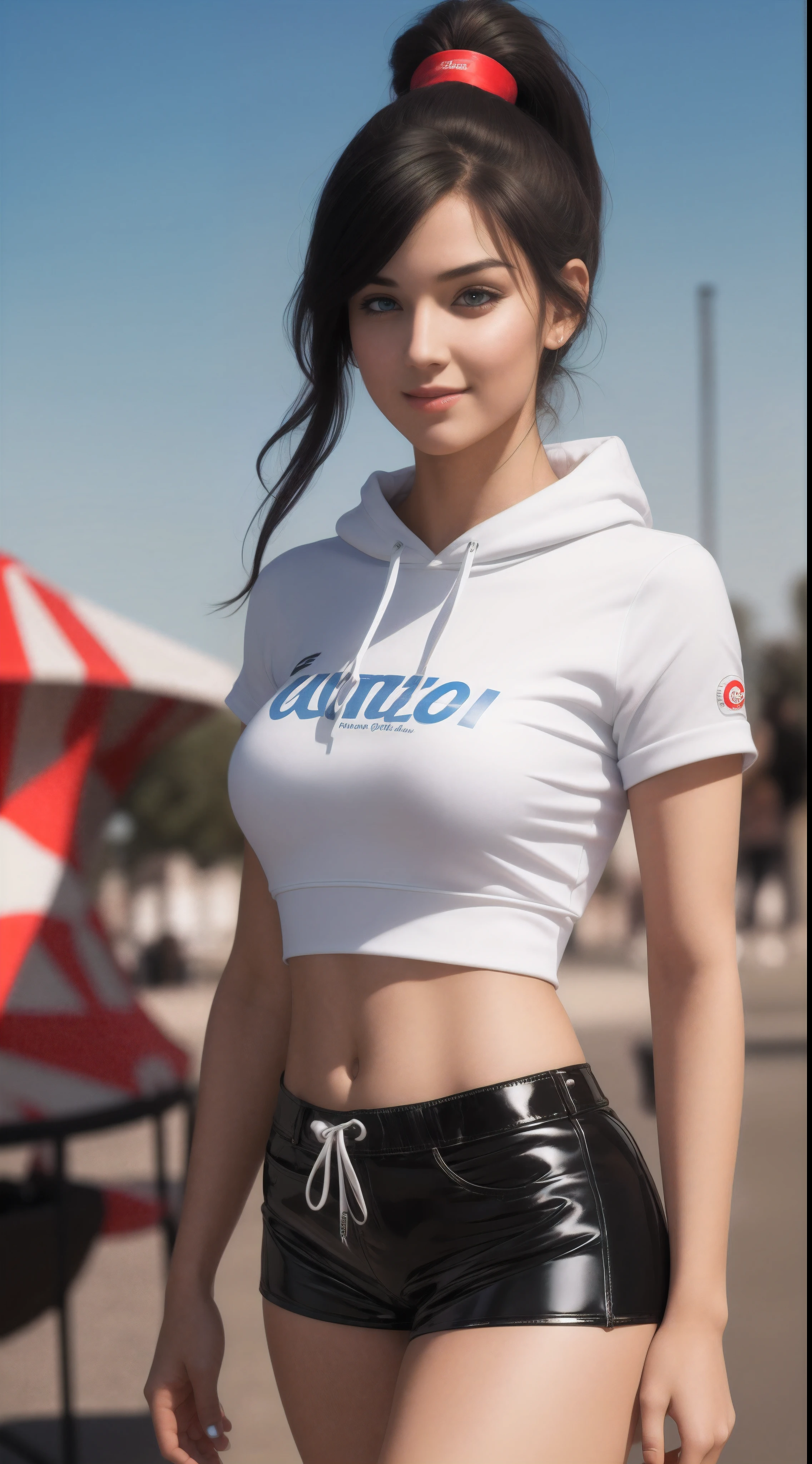 18 year old girl, black hair, blue eyes, (white latex short shorts), ponytail, realistic, (photorealistic: 1.4), smirk, crop top hoodie, walking at a carnival