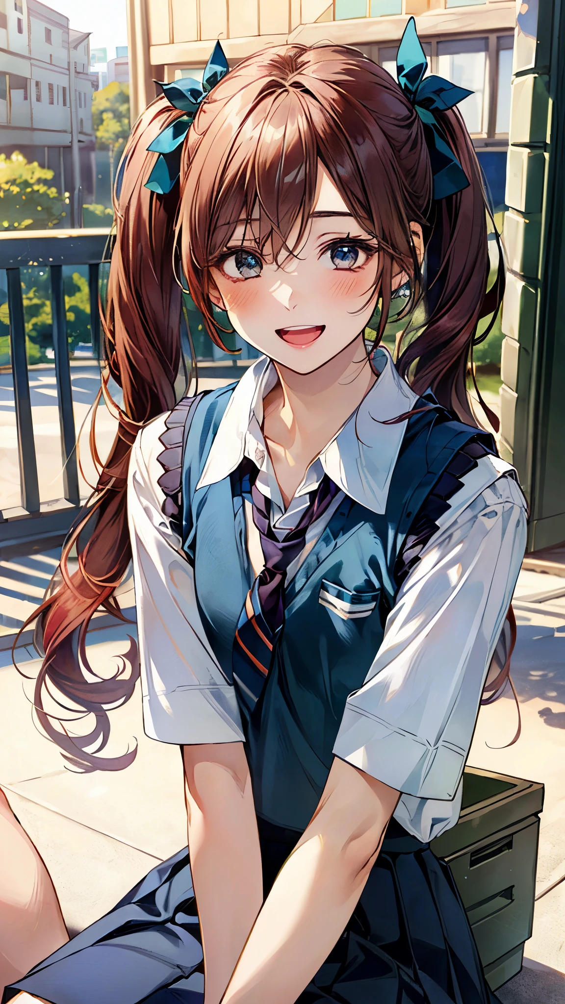 (masterpiece:1.3, top-quality), (realistic, photorealistic:1.4), beautiful illustration, (natural side lighting, movie lighting), depth of fields, 
looking at viewer, (face focus, upper body), 1 girl, japanese, (miku hatsune), high school girl, perfect face, cute and symmetrical face, shiny skin, 
(long hair:1.7, twintails:1.4), hair between eyes, emerald green eyes, long eye lasher, (large breasts: 0.8), 
beautiful hair, beautiful face, beautiful detailed eyes, beautiful clavicle, beautiful body, beautiful chest, beautiful thigh, beautiful legs, beautiful fingers, 
((((white collared shirt, navy blue box pleated skirt, bavy blue school vest), dark red tie, emerald green hair ribbon), 
(beautiful scenery), evening, (terrace), sitting pose, hands between legs, (lovely smile, upper eyes, open mouth small), 