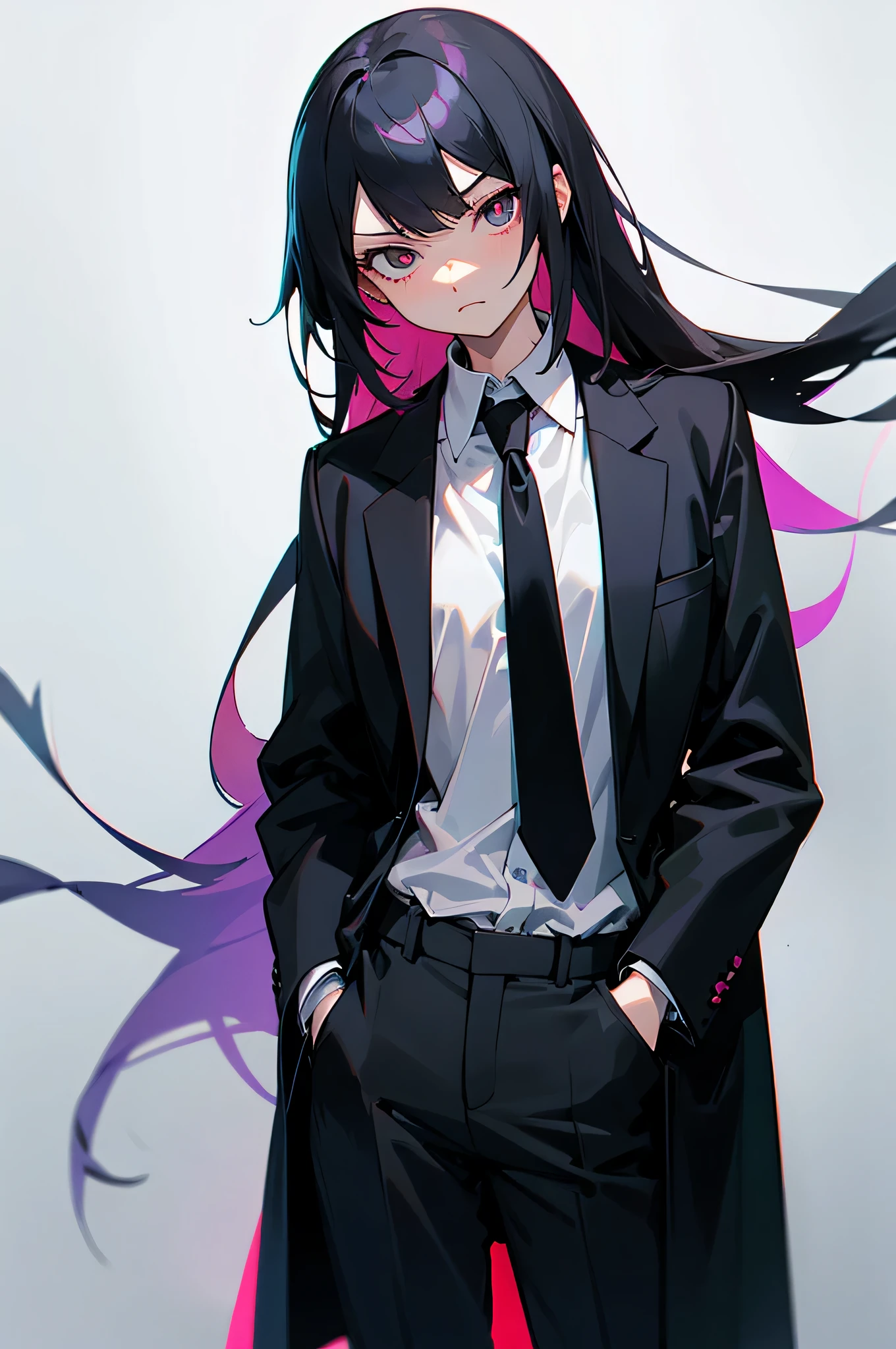 masutepiece, Best Quality:1.2), Cowboy Shot, neon,Solo, 1girl in, deadpan, Closed mouth, Looking at Viewer, Hands in pockets, Long hair, Ringed Eyes, Formal,Black coat, Collared shirt, black necktie, Black pants