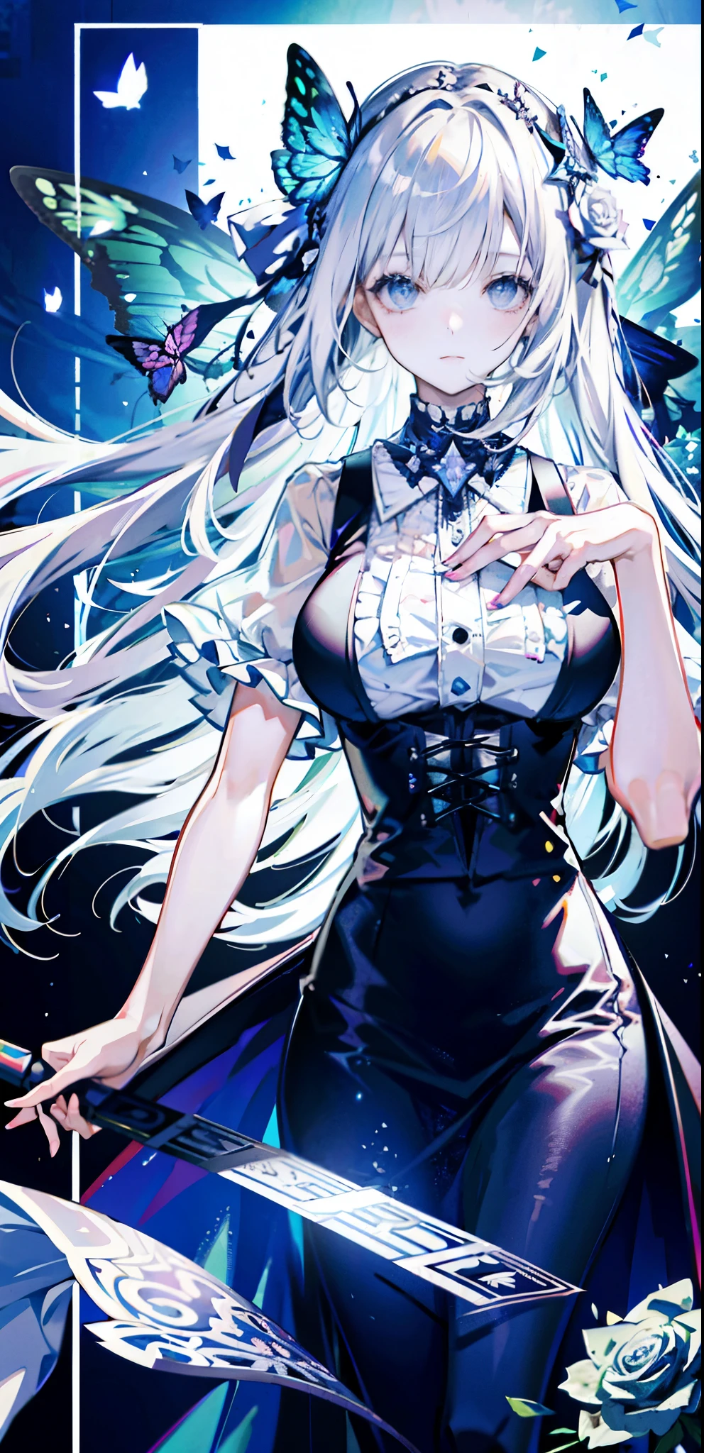 silver hair,Butterfly,long white hair,white wedding dress,8k wallpaper,Detailed background,Highest resolution,Deep V big breasts,hair covering one eye,bandeau wedding dress,Chis,White Rose,tight,full-body shot