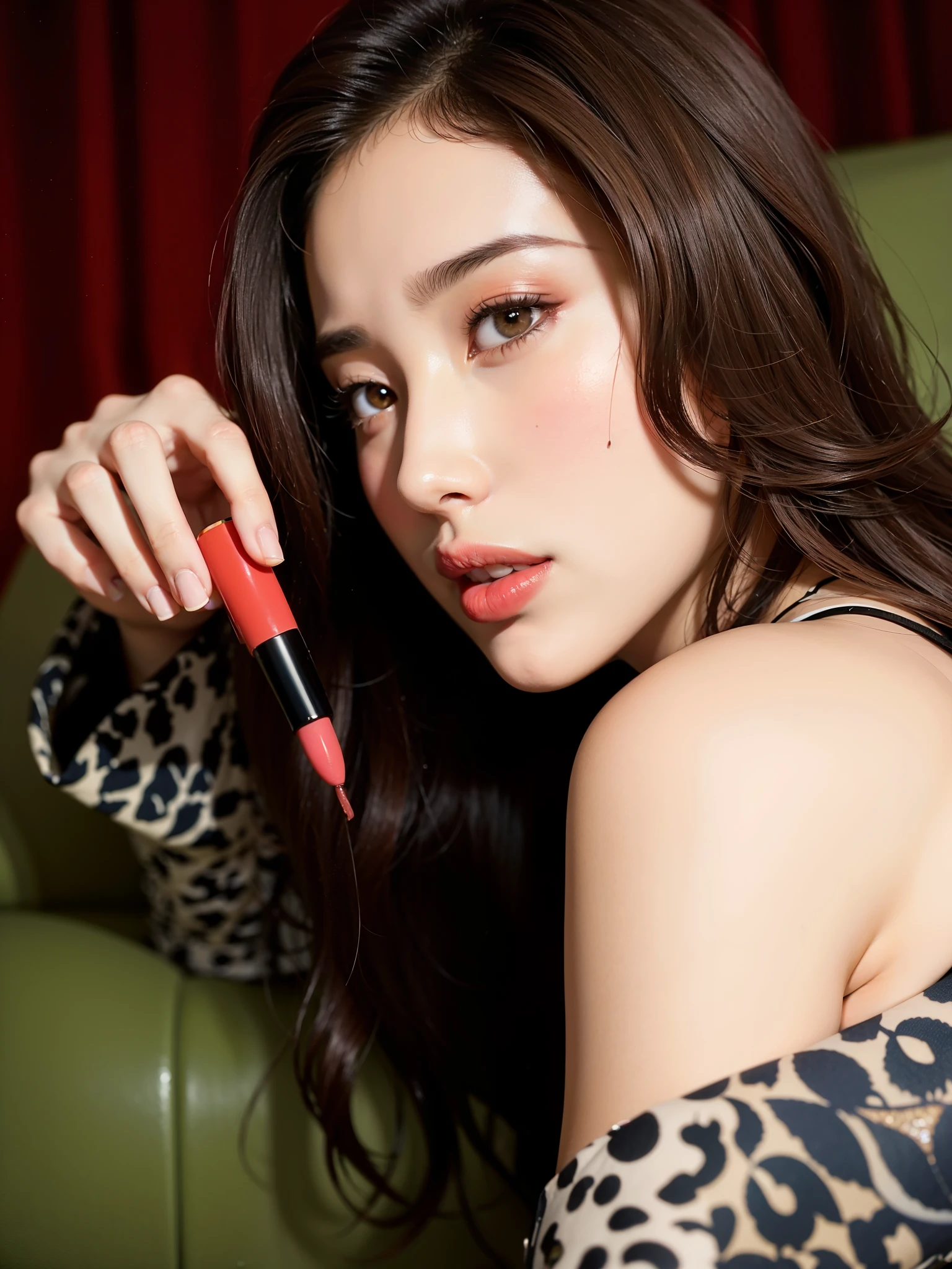 a closeup of a woman holding a lipstick in her hand, Hye Kyo song, maquillaje popular de corea del sur, maquillaje coreano popular, kiko mizuhara, dilraba dilmurat, light-labios rojos, labios rojos, labios rojostick, both have labios rojos, 🦩🪐🐞👩🏻🦳, 🕹️ 😎 🔫 🤖 🚬