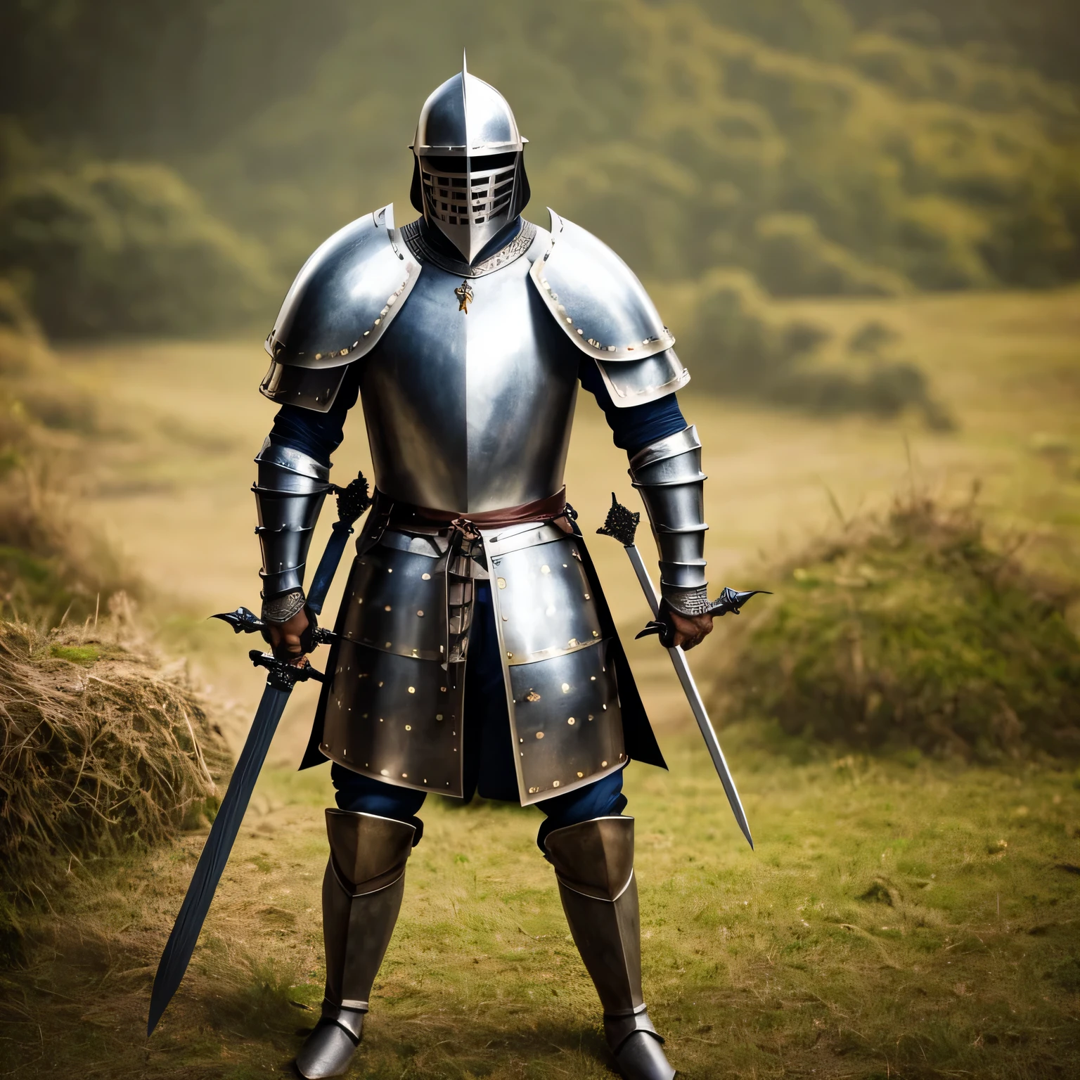 a medieval knight in full armor standing holding a sword, realista, lente grande angular, detalhado, photographic, 8K