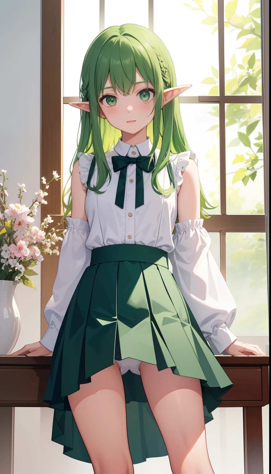 1 girl、as adult、In underwear、cute underwear、white underwear、pretty girl、(small breasts)、green hair、elf、Portrait from the crotch up、skirt、