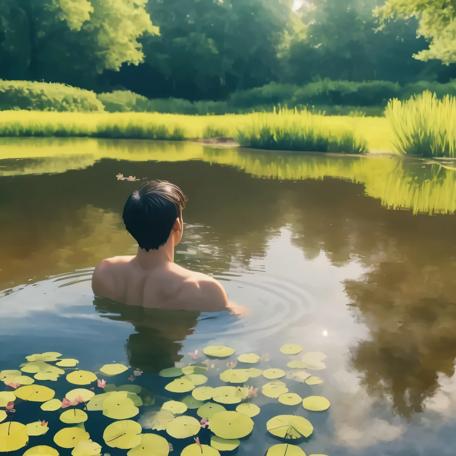 Make this a scene at night, it’s very dark, black sky with moon and stars. The water reflects the moonlight and twinkles. Add another man floating in the water