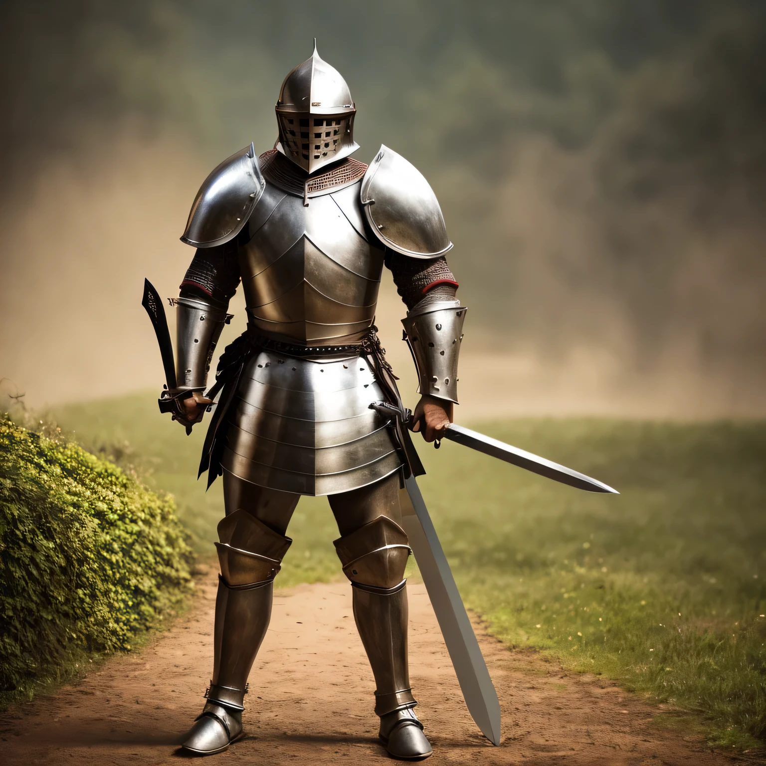 a medieval knight in full armor standing holding a sword, realista, lente grande angular, detalhado, photographic, 8K