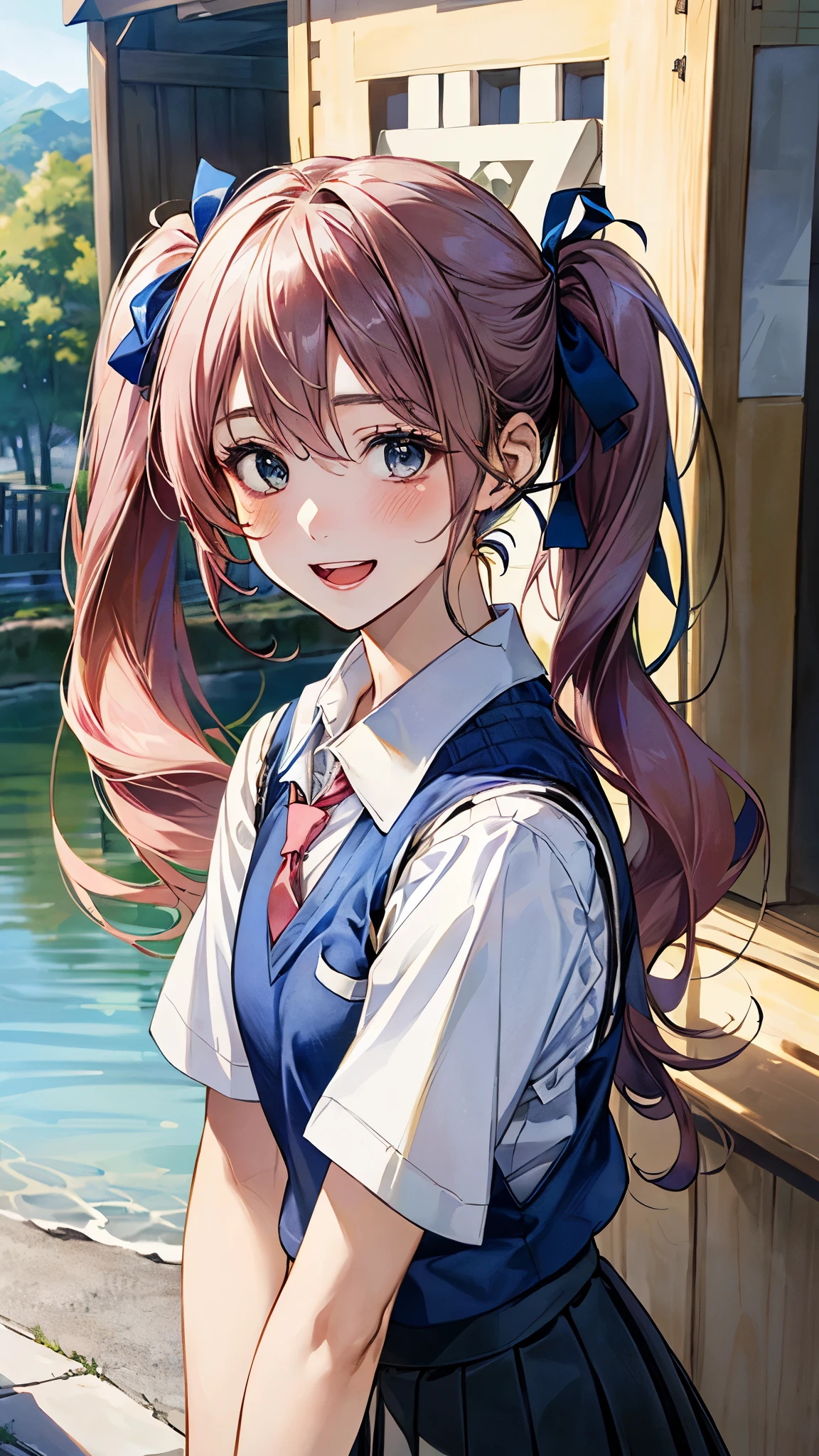 (masterpiece:1.3, top-quality), (realistic, photorealistic:1.4), beautiful illustration, (natural side lighting, movie lighting), depth of fields,
looking at viewer, (face focus, upper body), 1 girl, japanese, (miku hatsune), high school girl, perfect face, cute and symmetrical face, shiny skin,
(long hair:1.7, twintails:1.4, light green hair, pink hair ribbon), hair between eyes, dark green eyes, long eye lasher, (large breasts: 0.8),
beautiful hair, beautiful face, beautiful detailed eyes, beautiful clavicle, beautiful body, beautiful chest, beautiful thigh, beautiful legs, beautiful fingers,
((((white collared shirt, navy blue box pleated skirt, bavy blue school vest), dark red tie),
(beautiful scenery), evening, (river), walking, (lovely smile, upper eyes, open mouth small),