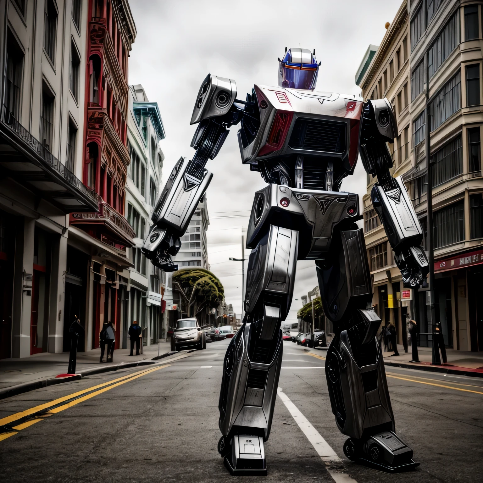 a full-body Tesla Optimus robot standing facing the camera on a street in San Francisco, california, detalhado, realista, lente grande angular, photographic, CRU, alta nitidez, 8K