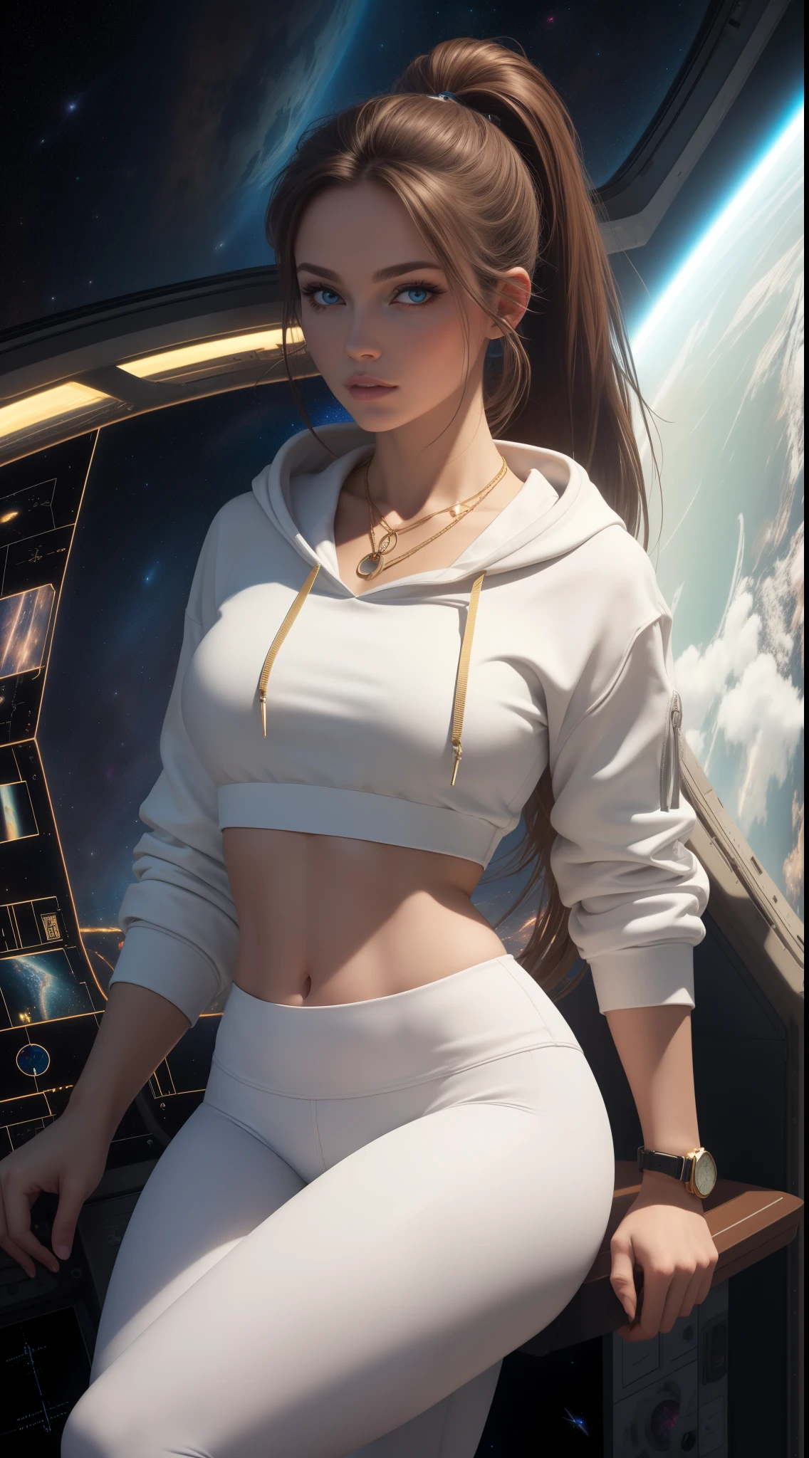 brown hair, blue eyes, ponytail, (white crop top hoodie), (white yoga pants), gold necklace, wrist watch, in a cockpit of a spaceship, in space (photorealistic: 1.4)