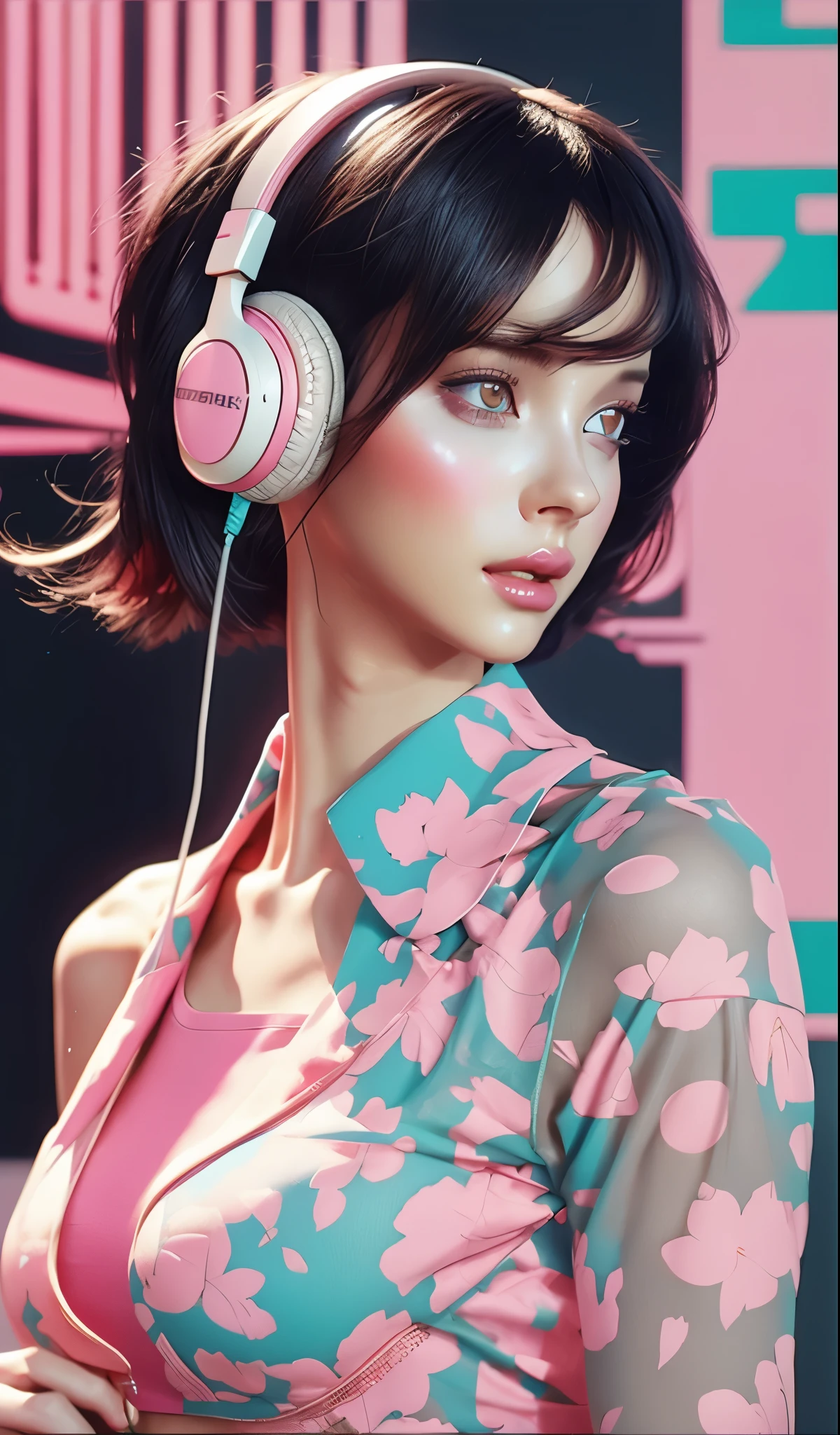 model girl wearing headphones, city background, intricate details, aesthetically pleasing pastel colors, poster background, art by conrad roset and ilya kuvshinov