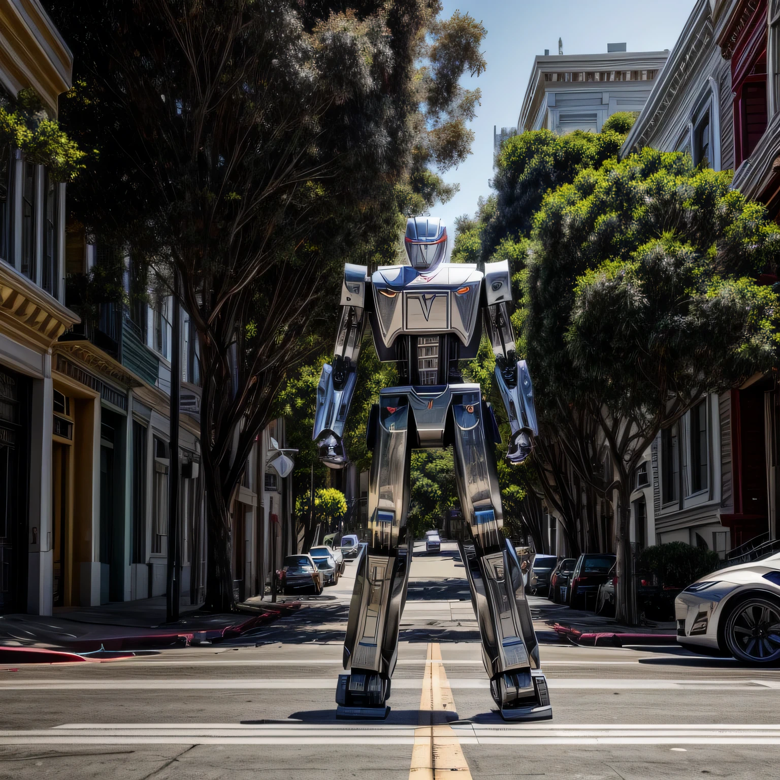 a full-body Tesla Optimus robot standing facing the camera on a street in San Francisco, california, detalhado, realista, lente grande angular, photographic, CRU, alta nitidez, 8K