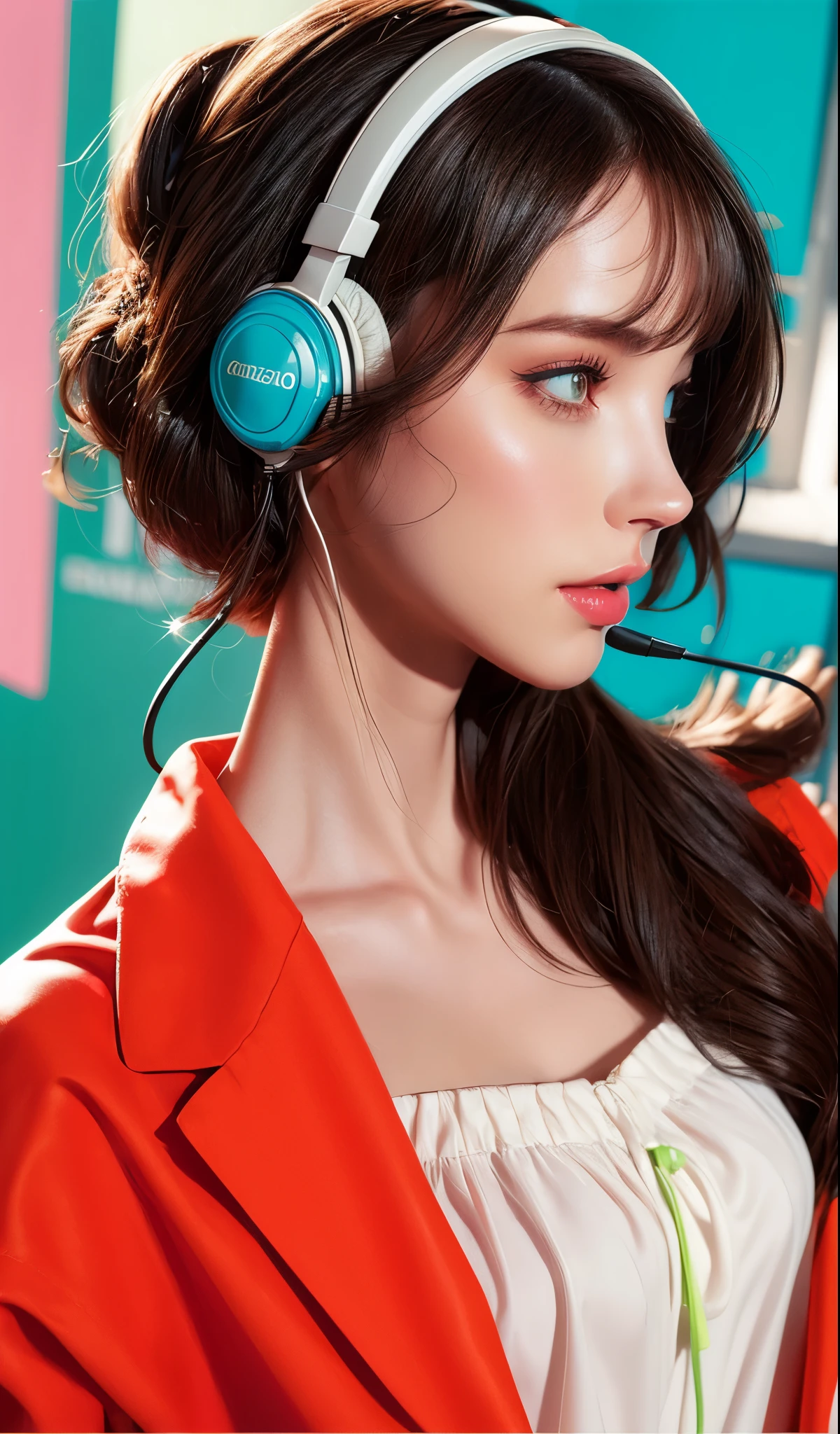 model girl wearing headphones, city background, intricate details, aesthetically pleasing pastel colors, poster background, art by conrad roset and ilya kuvshinov