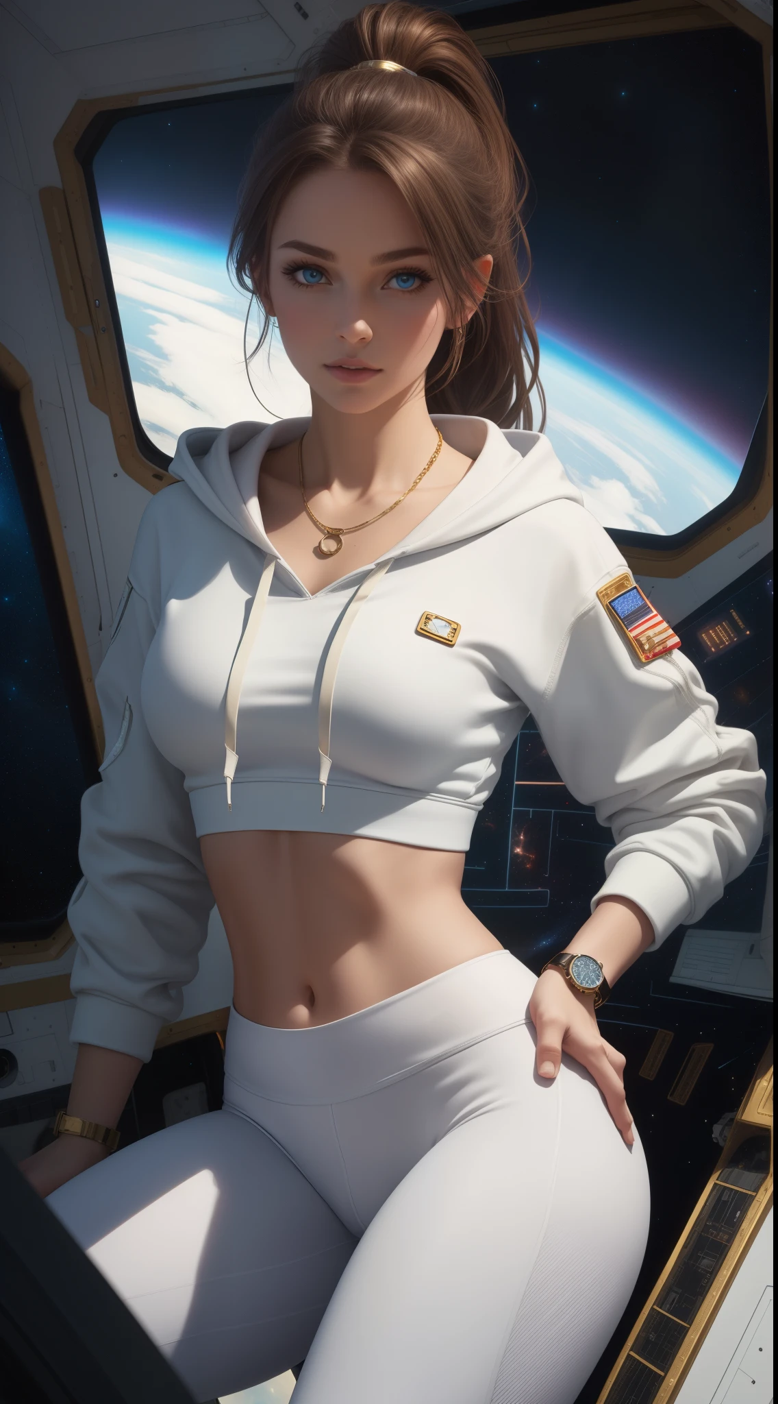 brown hair, blue eyes, ponytail, (white crop top hoodie), (white yoga pants), gold necklace, wrist watch, in a cockpit of a spaceship, in space (photorealistic: 1.4)