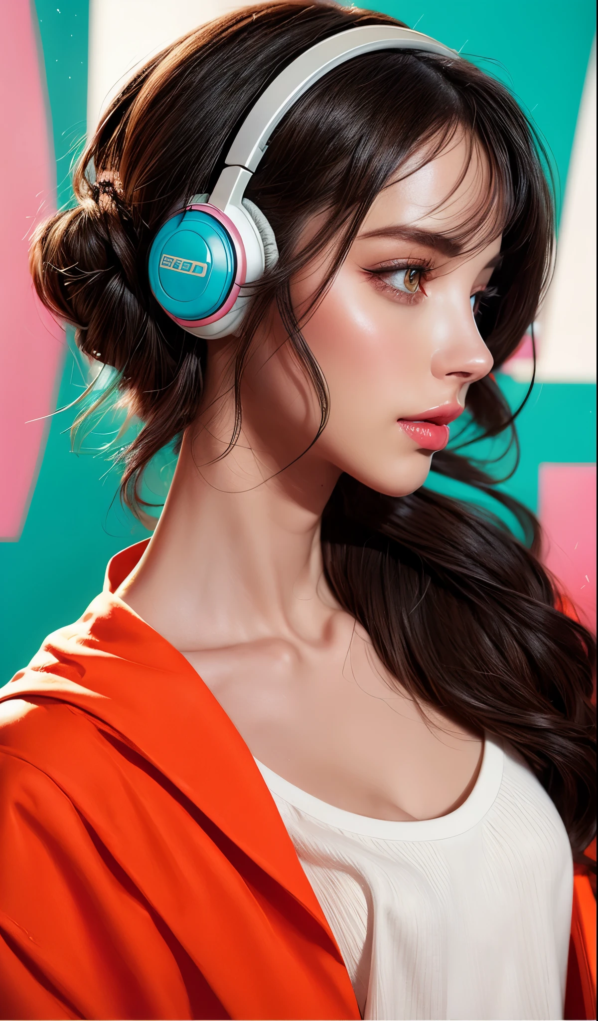 model girl wearing headphones, city background, intricate details, aesthetically pleasing pastel colors, poster background, art by conrad roset and ilya kuvshinov