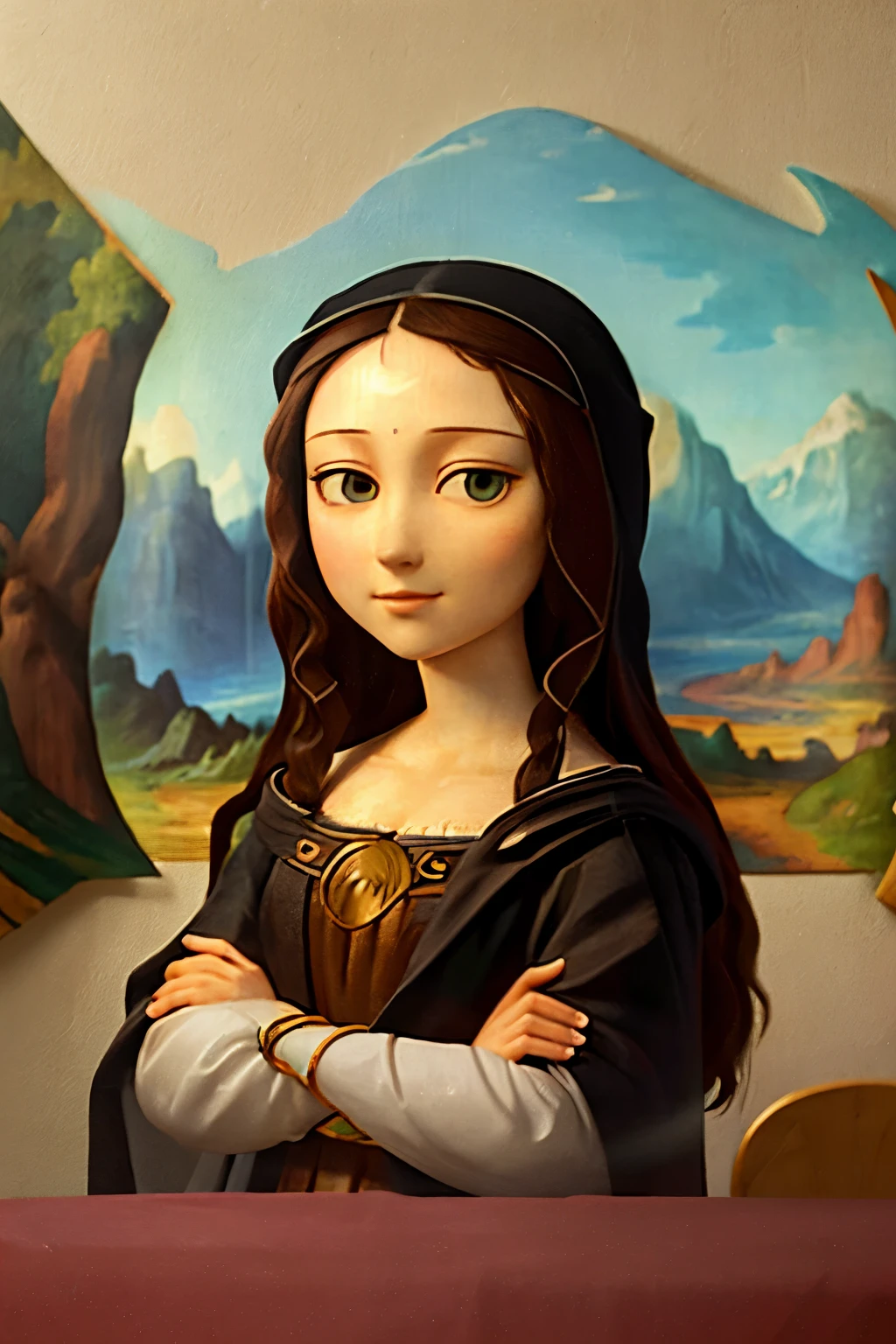 Claro, here is a description of the famous painting "Mona Lisa" de Leonardo da Vinci:
"The 'Mona Lisa' is an iconic Renaissance painting created by Leonardo da Vinci in the early 16th century. The work portrays a young and enigmatic woman, with a subtle and mysterious smile that has captivated the imagination of spectators for centuries.
The central figure of the painting is a woman with long dark hair., que fluem suavemente em torno de seu rosto. His brown eyes are serene and seem to follow the viewer, creating a feeling of intimacy and connection. The woman's smile is soft and enigmatic, conveying a sense of mystery and intrigue.
She is dressed in a traditional Renaissance costume, with a dark cloak over her shoulders and a delicate veil on her head. The figure is positioned in an abstract environment, with a mountainous landscape in the background and a winding path that disappears into the distance.
The light in the painting is soft and diffused, criando uma atmosfera tranquila e contemplativa. Shadows are expertly crafted to highlight the soft contours of the woman's face and add depth to the composition..
The 'Mona Lisa' is a masterpiece of technique and artistic expression, capturing the beauty and complexity of the human condition in a single timeless image."
This description can be used as a reference for image-generating AI to replicate the Mona Lisa painting.