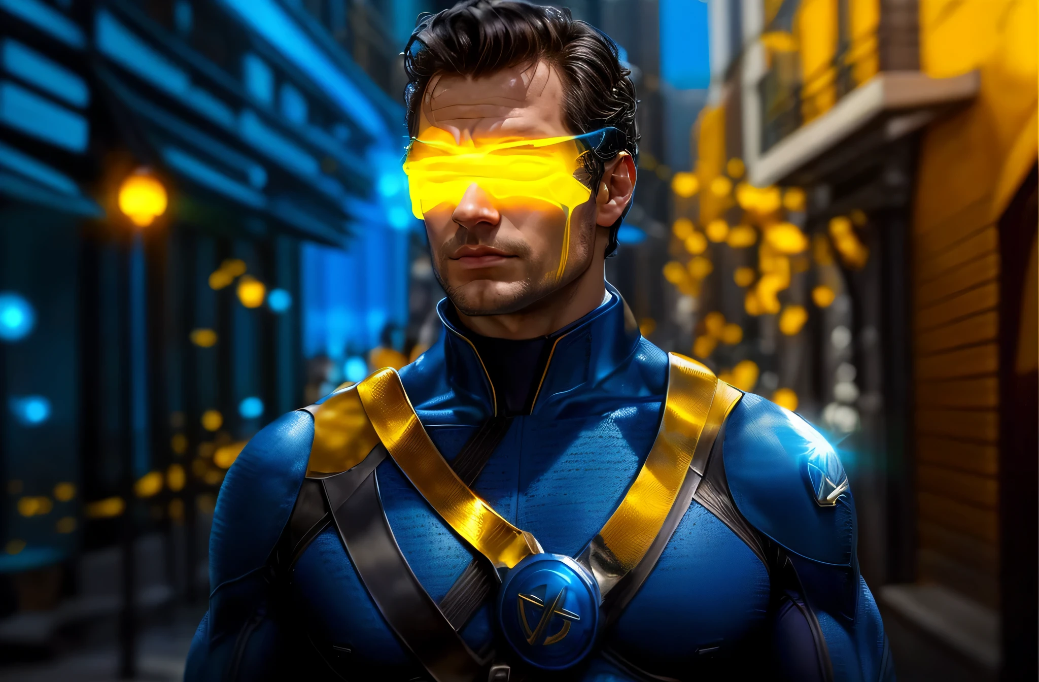 um close de um homem de terno azul com uma luz amarela no rosto, Henry Cavill, ciclope, lente amarela futurista, seus olhos brilhando amarelo, x-man costume, Taron Egerton como Wolverine, sem texto, x man costume, vibrant fan art, olhos ciborgues amarelos, Fantasia amarela de X-Man, imagem hiperrealista de x, imagem de avatar