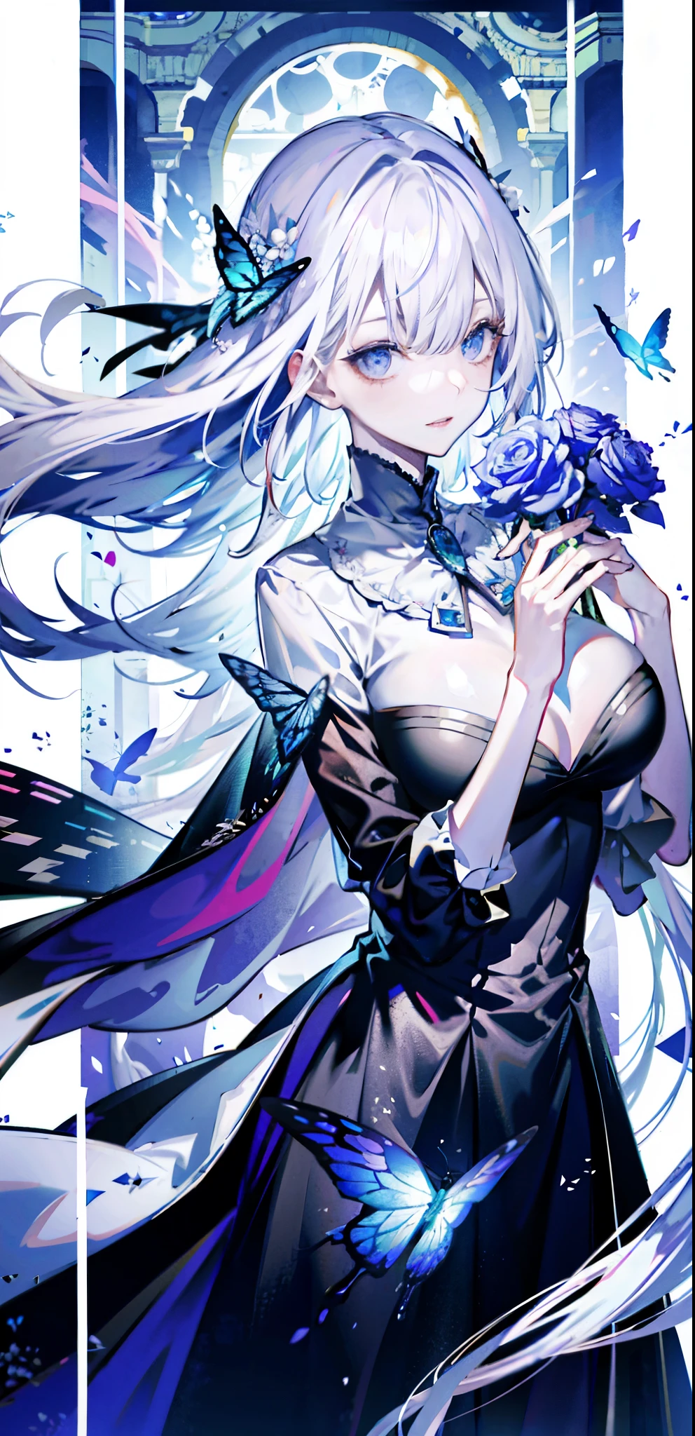 silver hair,Butterfly,long gray hair,8k wallpaper,Detailed background,Highest resolution,Deep V big breasts,hair covering one eye,church background,White Rose,Tight,moon,