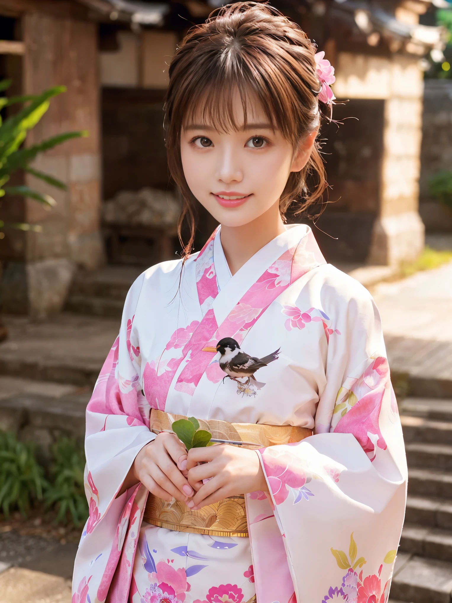 white kimono、pink Japanese pattern、(Furisode:1.5)、or、(top grade)、1 female、25 years old、big breasts、Full body Esbian、black haired、tie your hair back、(realistic:1.7)、((best image quality))、absurd、(超A high resolution)、(Photoreal:1.6)、Photoreal、octane rendering、(超realistic:1.2)、(realistic face:1.2)、(8k)、(4k)、(masterpiece)、(realistic skin texture)、(enlightenment、movie lighting、wall-)、(beautiful eyes:1.2)、((((perfect face))))、(Cute face like an idol:1.2)、( Are standing)、shrine、bird ready、(January)、detailed cute face、true beauty、laughter、