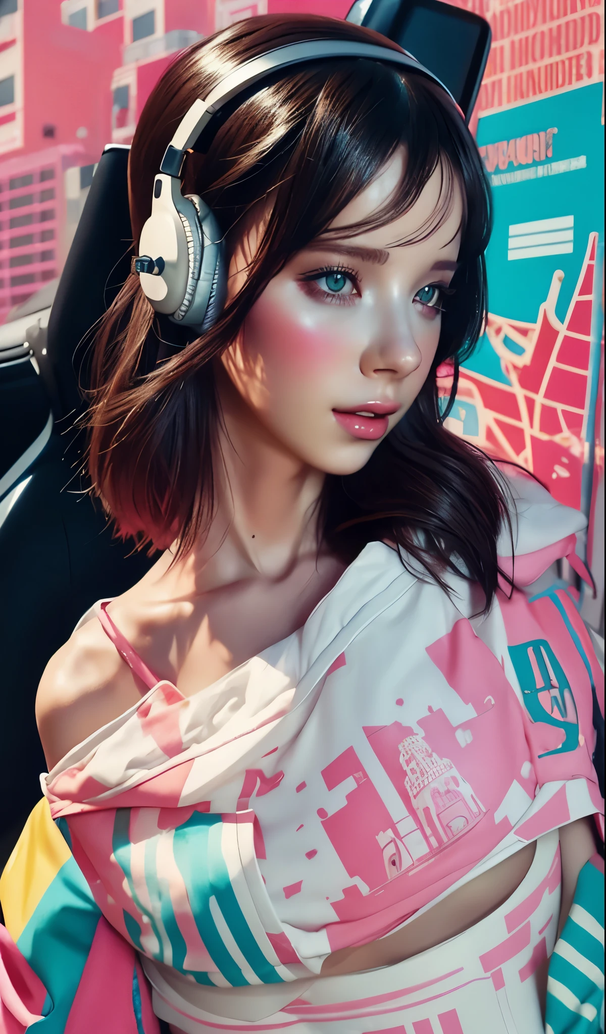 model girl wearing headphones, city background, intricate details, aesthetically pleasing pastel colors, poster background, art by conrad roset and ilya kuvshinov