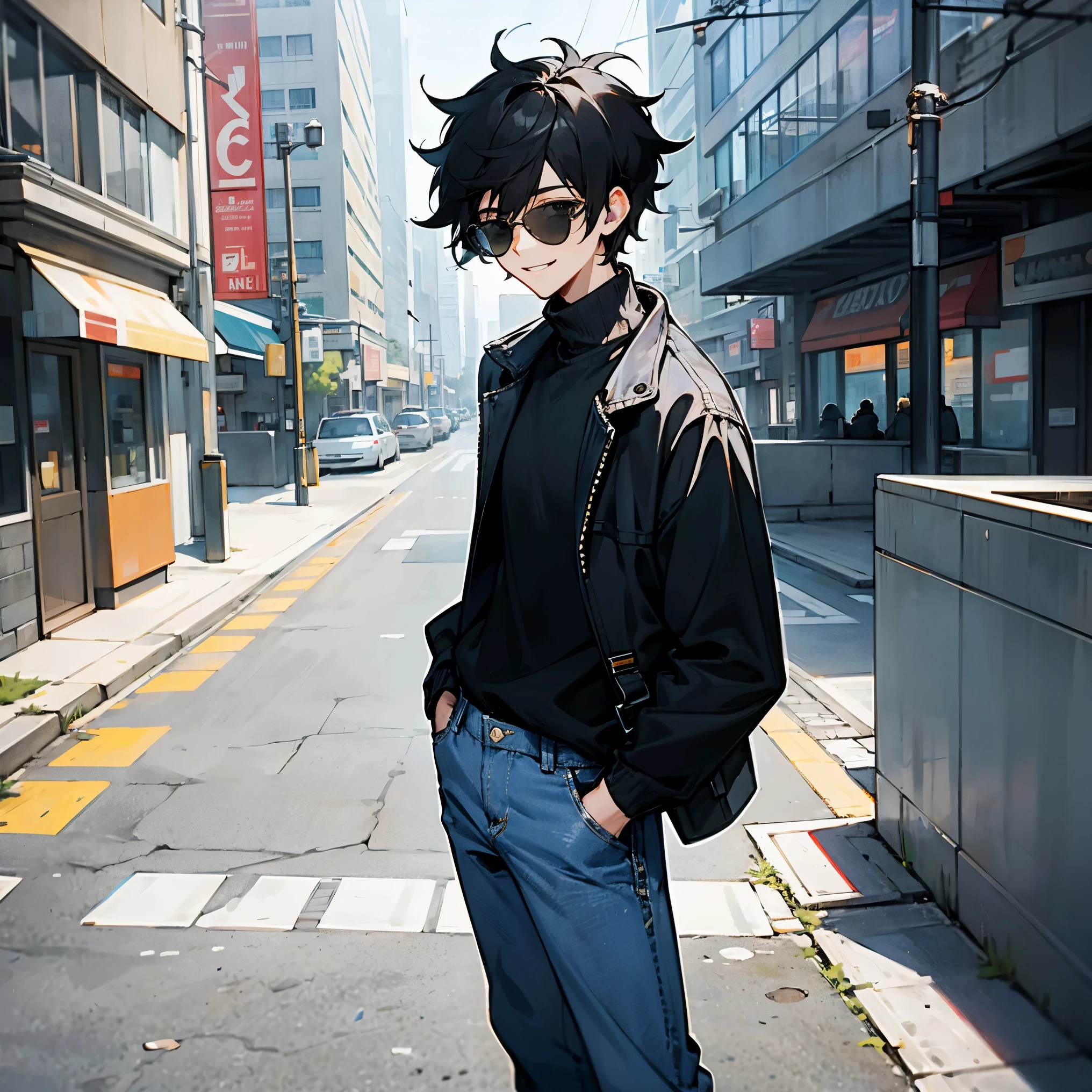 1male, Jeans , Sneakers ,Sunglasses,Baggy White Turtleneck Sweater,Modern City Background, Black Hair , Smiling Expression , Black Eyes, Messy Hair , Standing on sidewalk