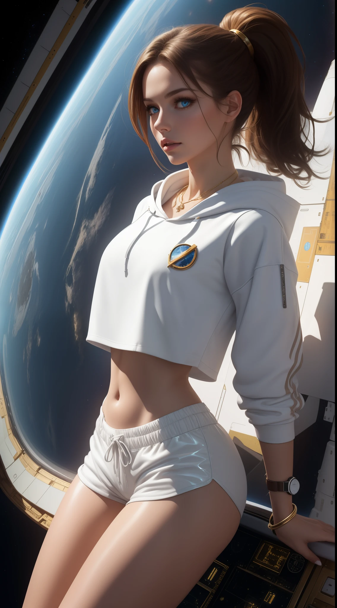 brown hair, blue eyes, ponytail, (white crop top hoodie), (white latex short shorts), gold necklace, wrist watch, in a cockpit of a spaceship, in space (photorealistic: 1.4)