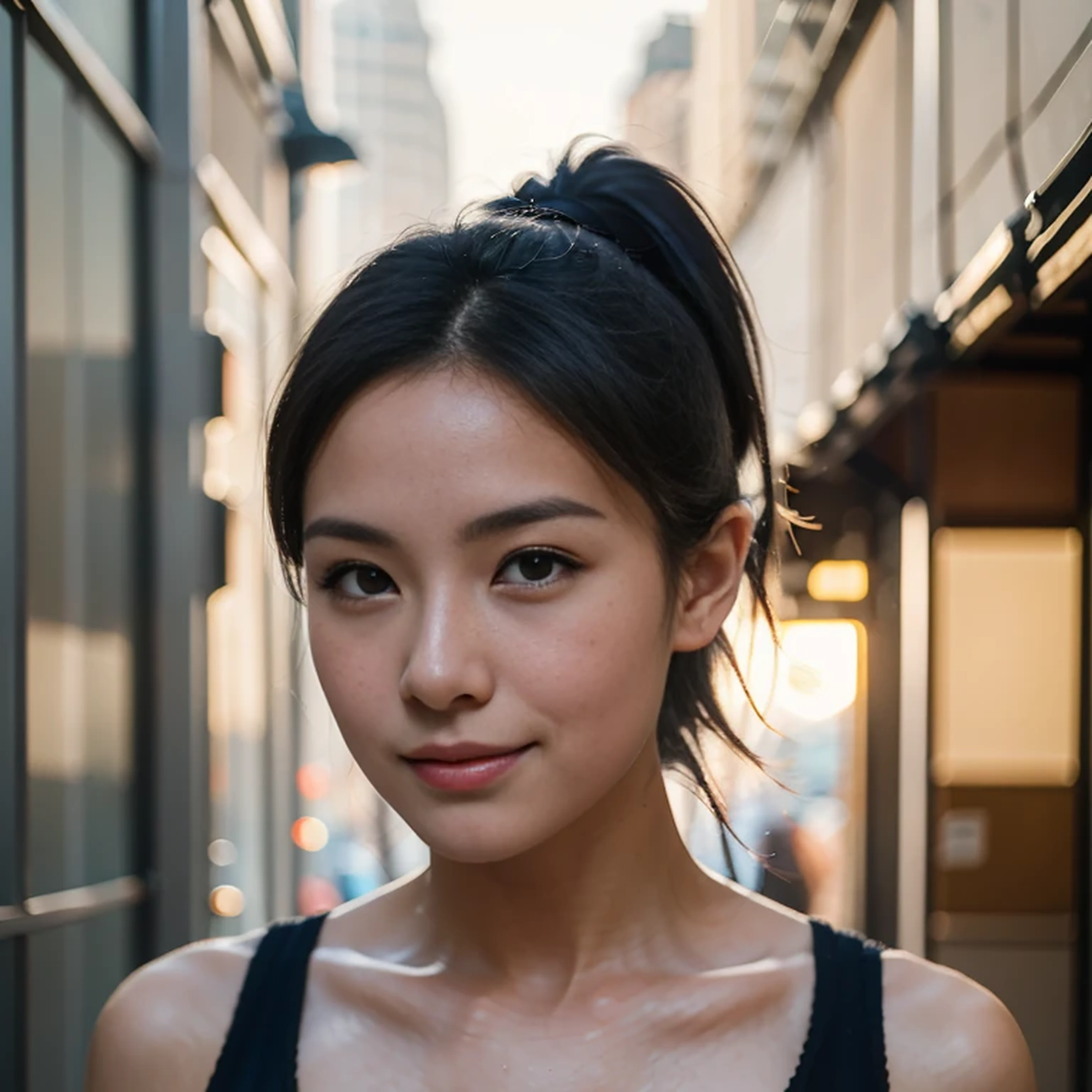 1 woman named Kimmie Miso, walking in street, summer dress, full camera shot, black hair, hair behind ear, high ponytail, mole under mouth, eye reflection, furrowed brow, light smile, light blush, seductive smile, full shot, cinematic lighting, film grain, masterpiece, anatomically correct, textured skin, best quality