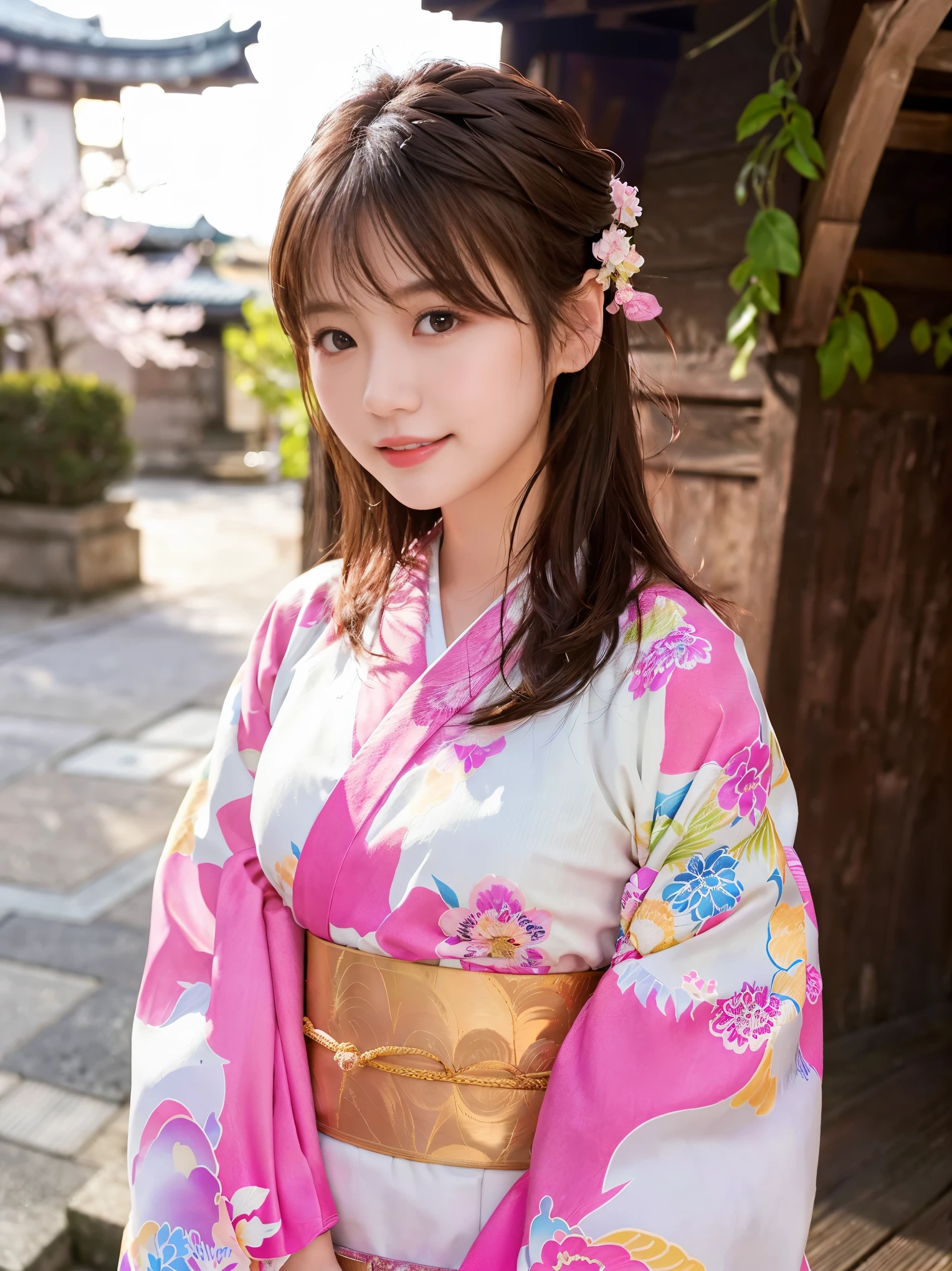 white kimono、pink Japanese pattern、(Furisode:1.5)、or、(top grade)、1 female、25 years old、big breasts、Full body Esbian、black haired、tie your hair back、(realistic:1.7)、((best image quality))、absurd、(超A high resolution)、(Photoreal:1.6)、Photoreal、octane rendering、(超realistic:1.2)、(realistic face:1.2)、(8k)、(4k)、(masterpiece)、(realistic skin texture)、(enlightenment、movie lighting、wall-)、(beautiful eyes:1.2)、((((perfect face))))、(Cute face like an idol:1.2)、( Are standing)、shrine、bird ready、(January)、detailed cute face、true beauty、laughter、