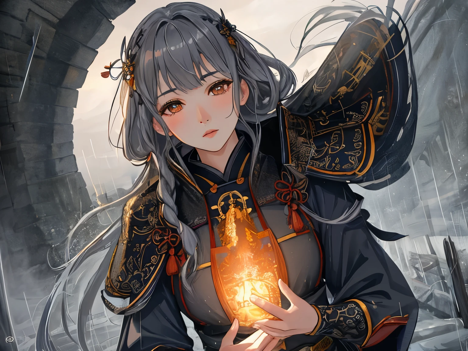 highest quality, highly detailed, faint lips, Japanese、:realistic, cinematic lighting、samurai wearing demon , Beautiful woman、complete samurai armor, head down, in a village, full body shot, spectacular realistic, (HDR:1.4), (calm colors:1.4), (intricate details, very detailed:1.2), dramatic , heavy rain, sunset, dark clouds、Sad face、gray hair 、Braid、bangs are very orange、bangs are bob